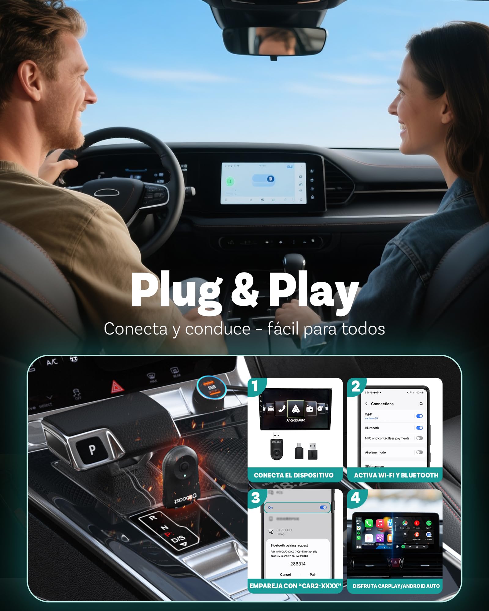 OTTOCAST Nuevo 2025 Mini Flow – Adaptador inalámbrico CarPlay & Android Auto, Dongle 2 en 1, Plug & Play, Compatible con iPhone & Android, para Coches Desde 2016 (No Compatible con BMW/Tesla)
