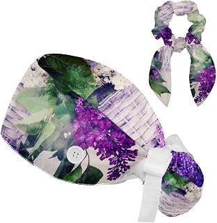 FVQL 2 Pieces Surgical Cap for Long Hair Scrub Cap with Hairband Nurse Cap, Flowers and Basket Pattern