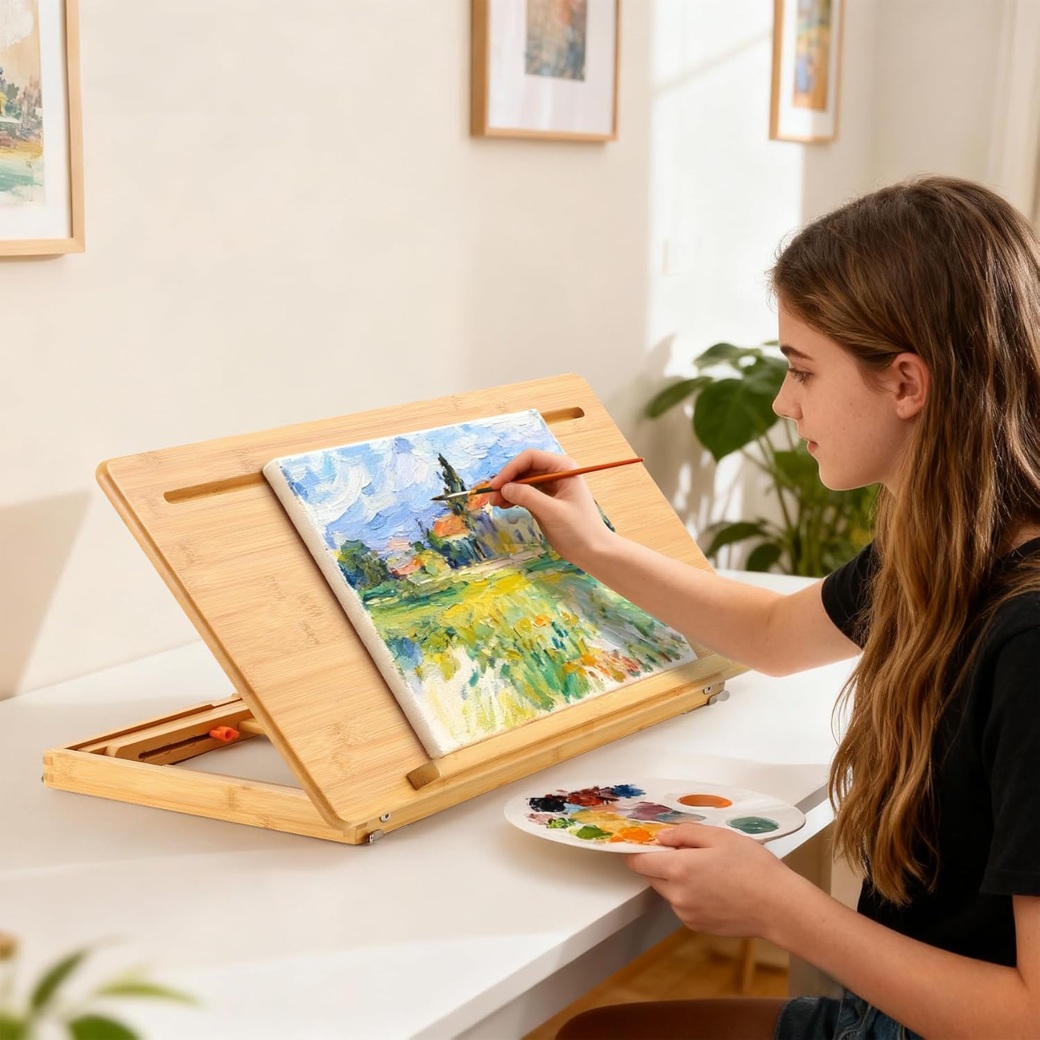 Nnewvante Drafting Table Bamboo Tabletop Easel Foldable Drawing Desk with Adjustable Height & Angle Drawing Board with Tablet and Phone Slots for Painting, Reading, Writing