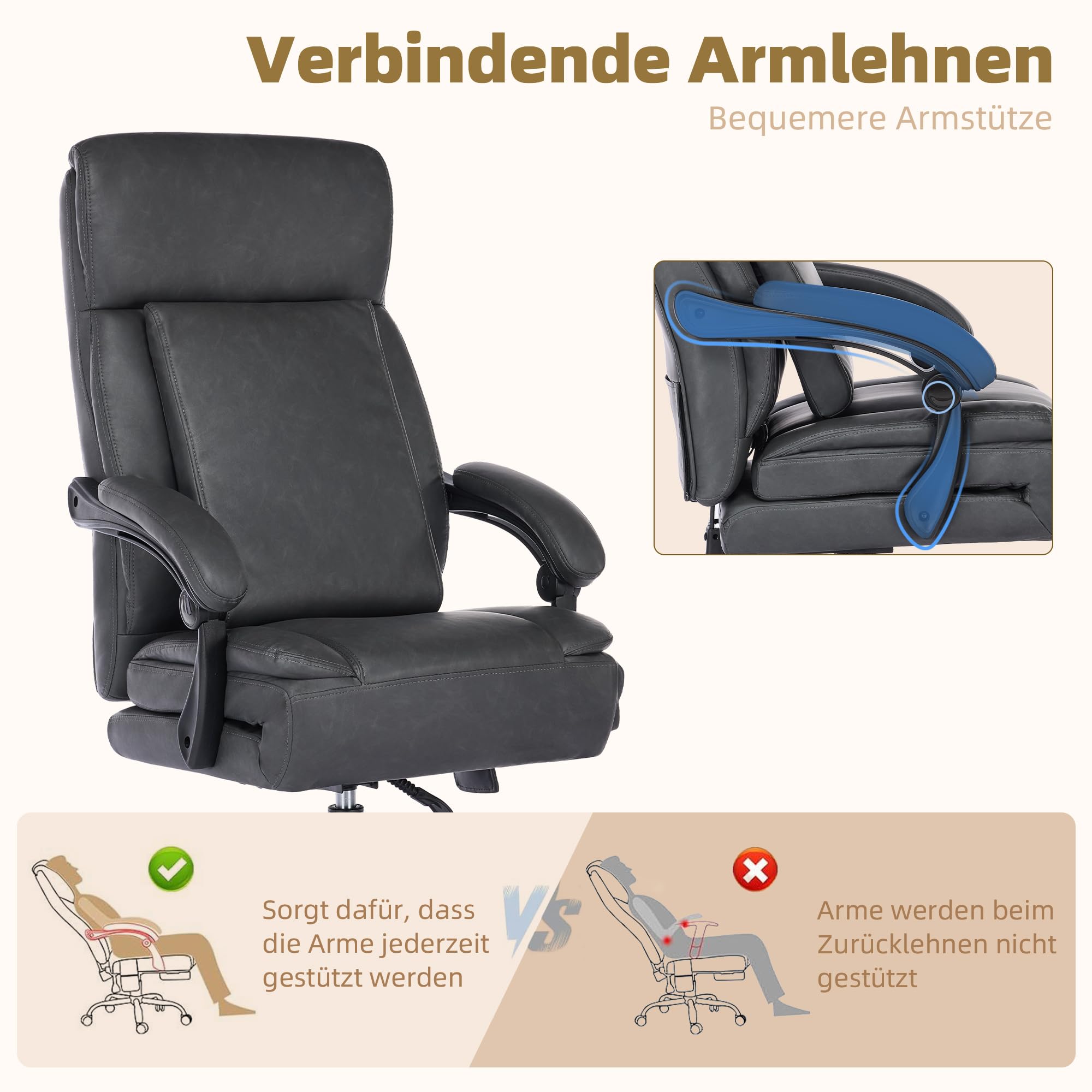 Bürostuhl mit Massage, Ergonomischer Kunstleder Chefsessel mit 135° Liegefunktion, Höhenverstellbar Drehstuhl mit Klappbarer Sitzfläche, Gepolstertem Lendenkissen Schreibtischstuhl (Schwarz)