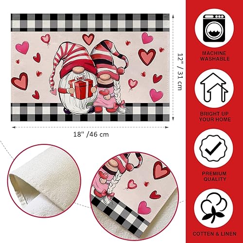 Miniatura 2 de Juego de 4 manteles individuales de San Valentín de 12 x 18 pulgadas, para interiores y exteriores, decoración de mesa de San Valentín, gnomos de