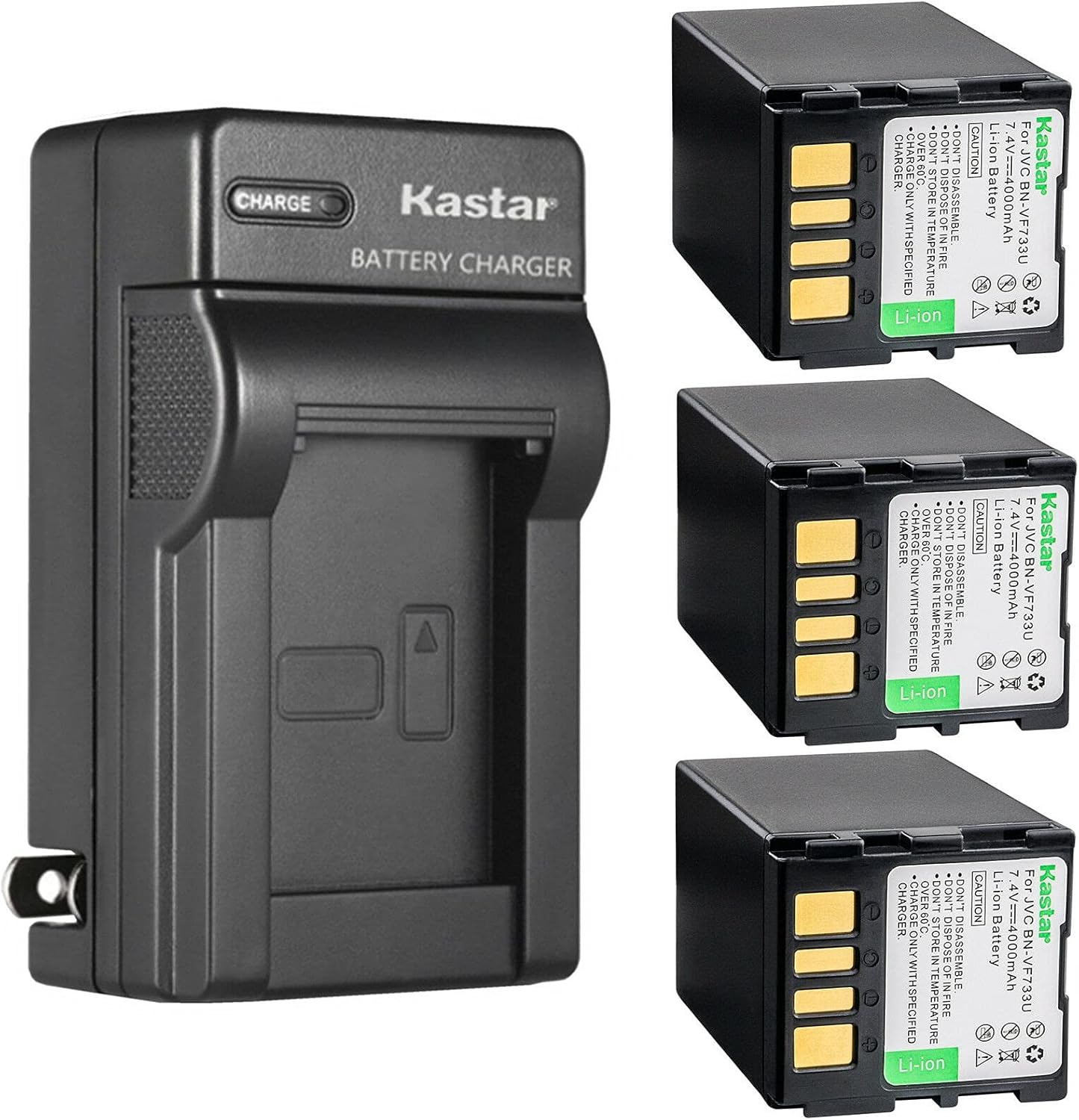 Kastar 3-Pack Battery and AC Wall Charger Replacement for JVC GR-D250U GR-D250US GR-D252 GR-D252AC GR-D253 GR-D253AG GR-D253U GR-D253US GR-D260 GR-D260EK GR-D260US GR-D270 GR-D270AC GR-D270AG