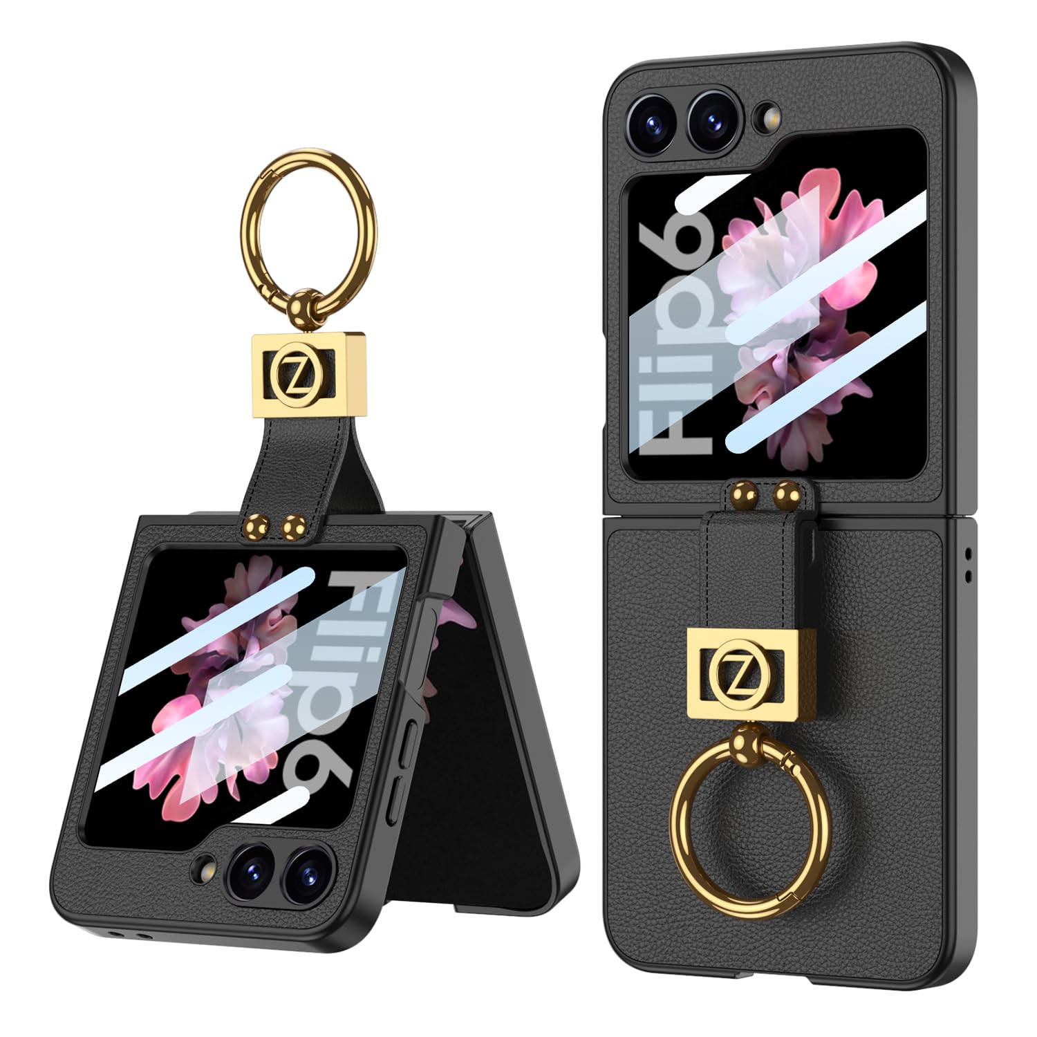 COQUE Case for Samsung Z Flip 6,Shell Film All-inclusive Phone Case with Ring Video Stand,Ultra Slim Leather Folding Phone Cover for Samsung Galaxy Z Flip 6 5G-Black