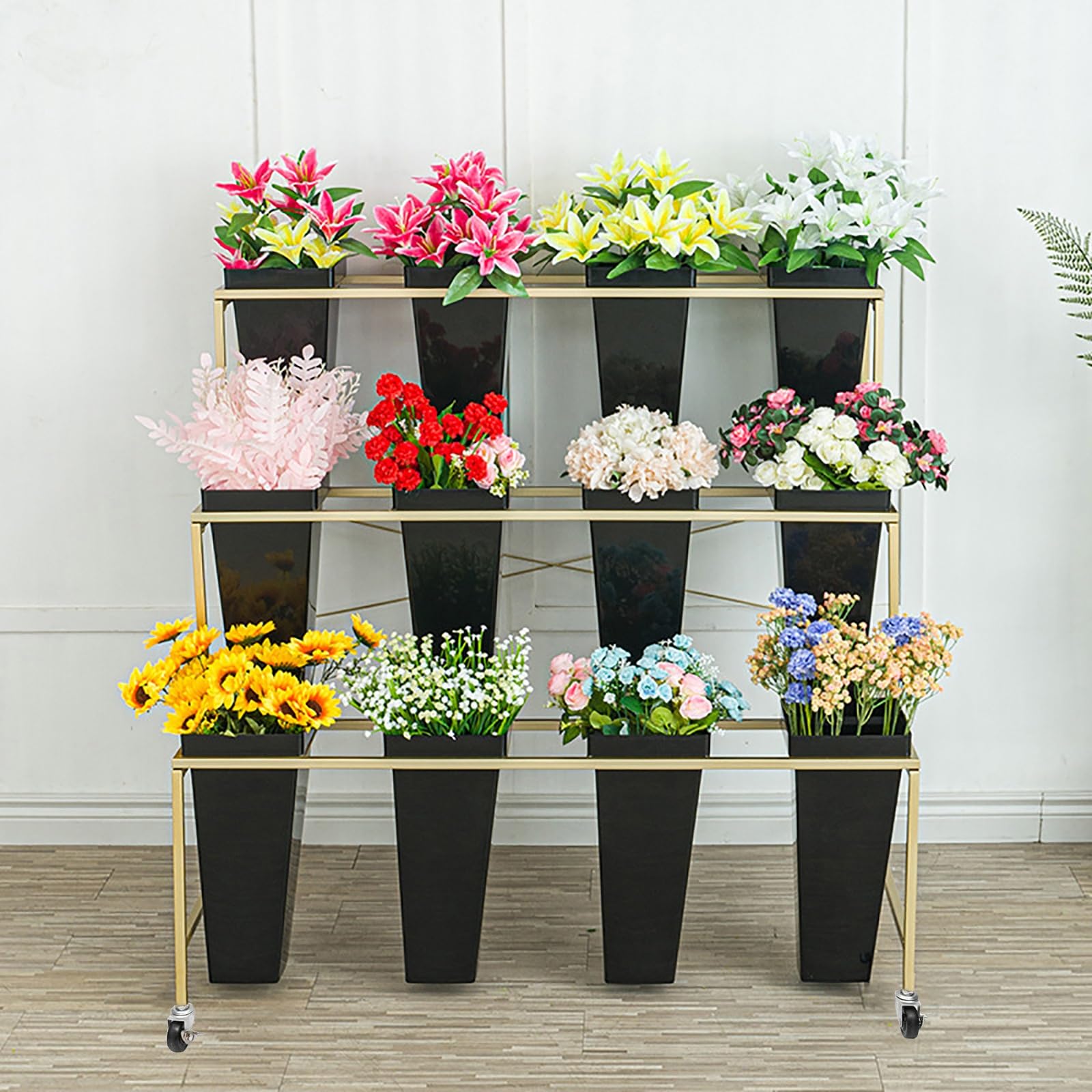Espositore per fiori con 12 secchi, supporto per piante a 3 livelli con ruote, in metallo, per fiorai, negozi, interni, esterni, patio, giardino, balcone, porta piante