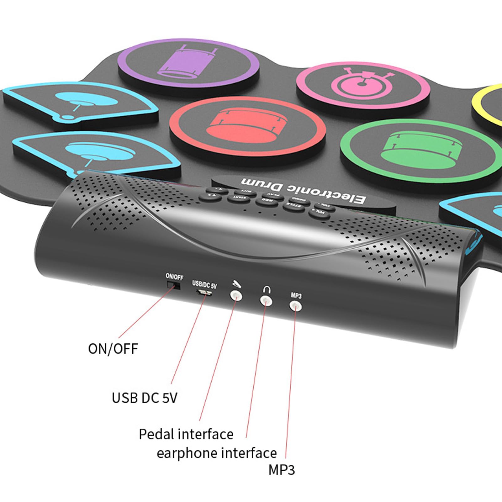 Batería Electrónica, 9 Pads Enrollables Batería Eléctrica, Batería MIDI Portátil Recargable con Pedales, Conector para Auriculares, 2 Altavoces Integrados