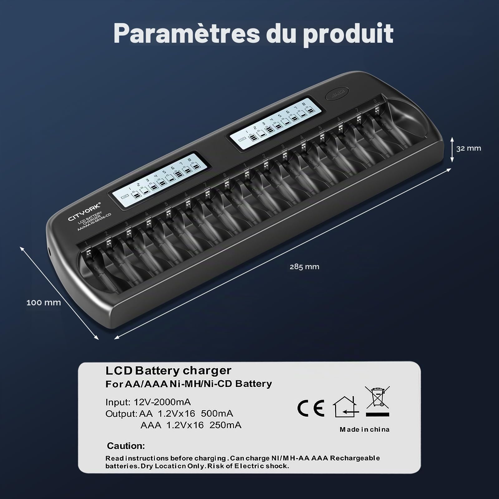 CITYORK LCD Chargeur de Piles AA AAA 16 Slot pour Piles Rechargeables AA/AAA Ni-MH Ni-CD avec Protection IC intégrée et Bloc d'alimentation (Chargeur Inclus)