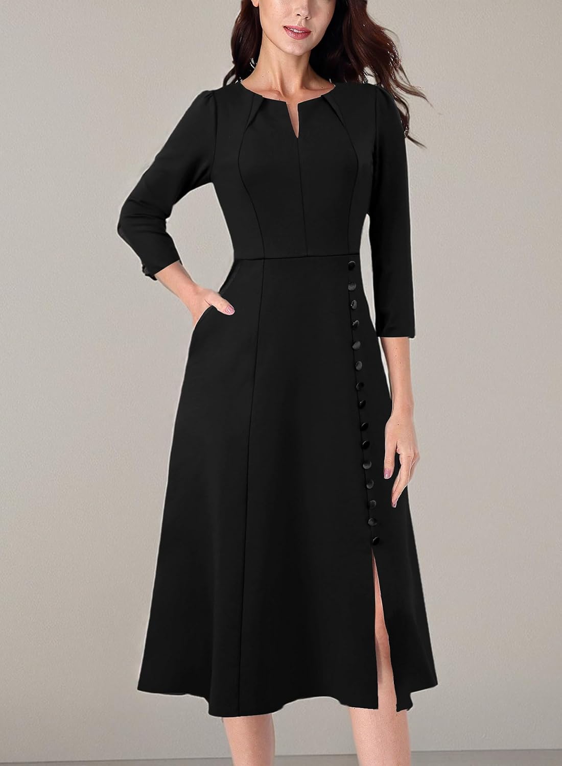 VFSHOW Womens Pleated Notch V Neck Front Slit Buttons Pockets Office Business Work Slim A-line Fit and Flare Midi Dress - Image 7