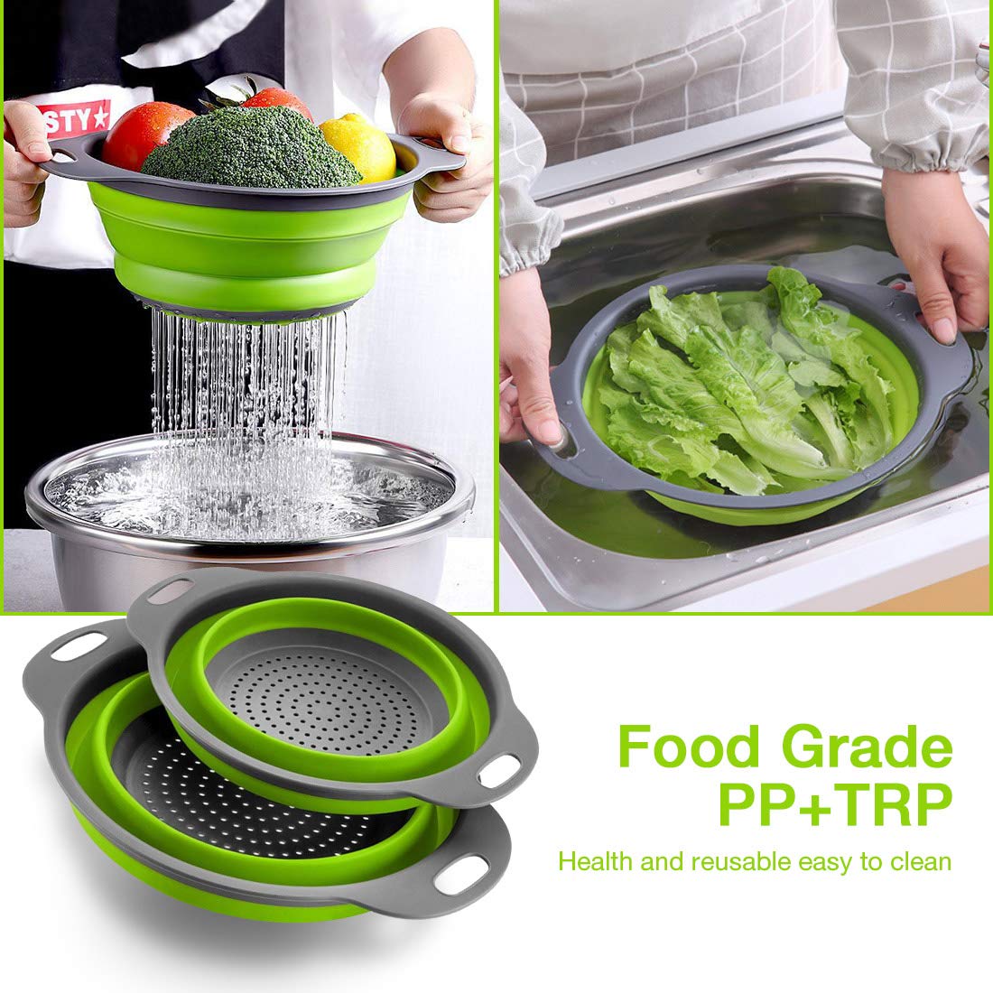 Set Da 2 Colini Pieghevoli In Silicone, Verde, 20 E 24 Cm, Per Pasta E Verdura, Salvaspazio - 4