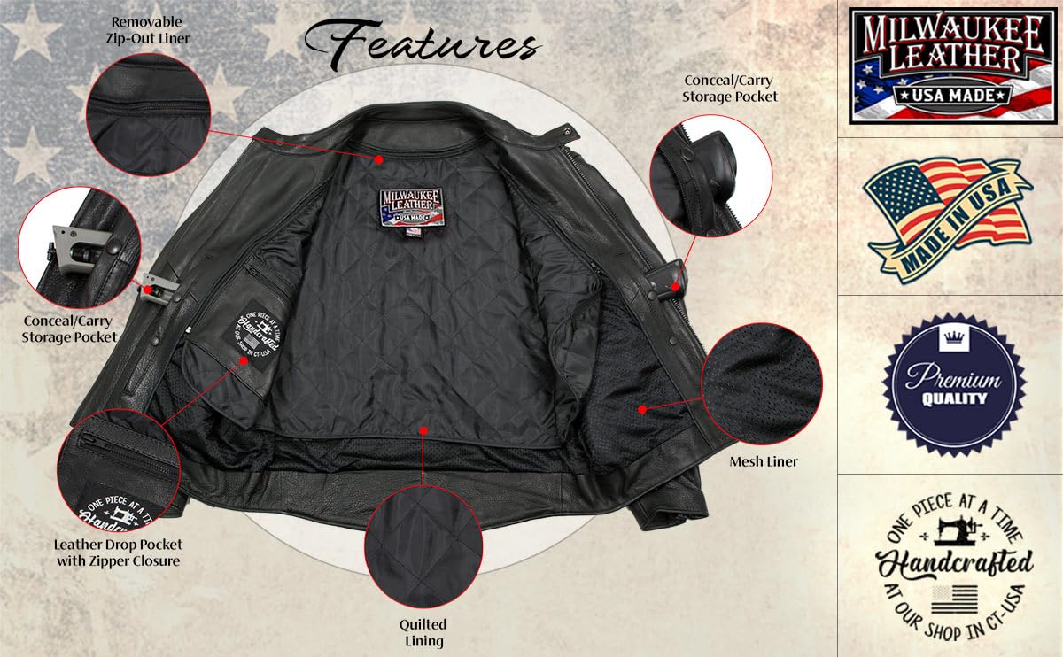 Milwaukee Leather USA MADE MLJKM5002 Mens Black Air Stream Vented Premium Leather Motorcycle Jacket with Side Laces — view 4