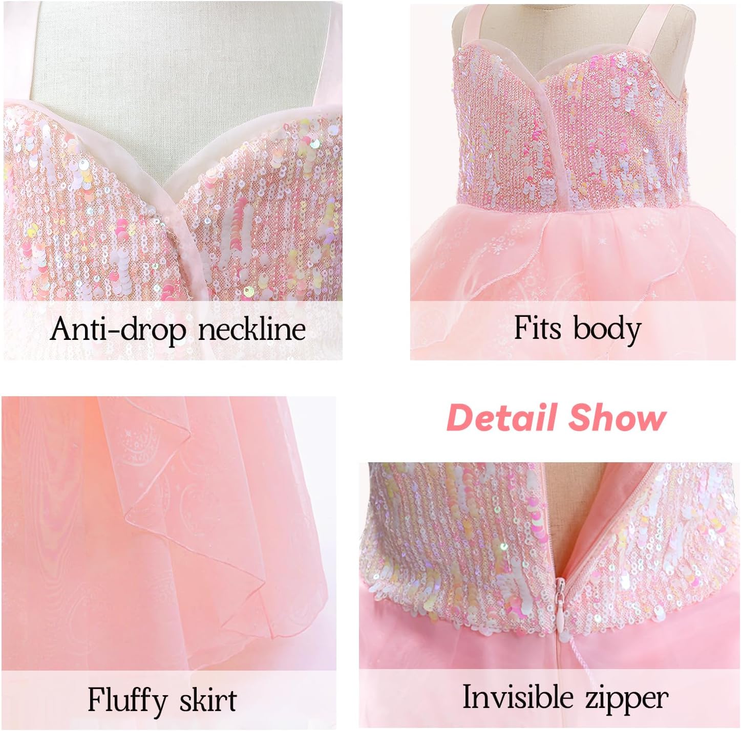 Wicked Glinda Dress Costume for Girls, Pink Tulle and Sequin Witch Dress for Kids Christmas、Halloween Cosplay Costumes - Image 4