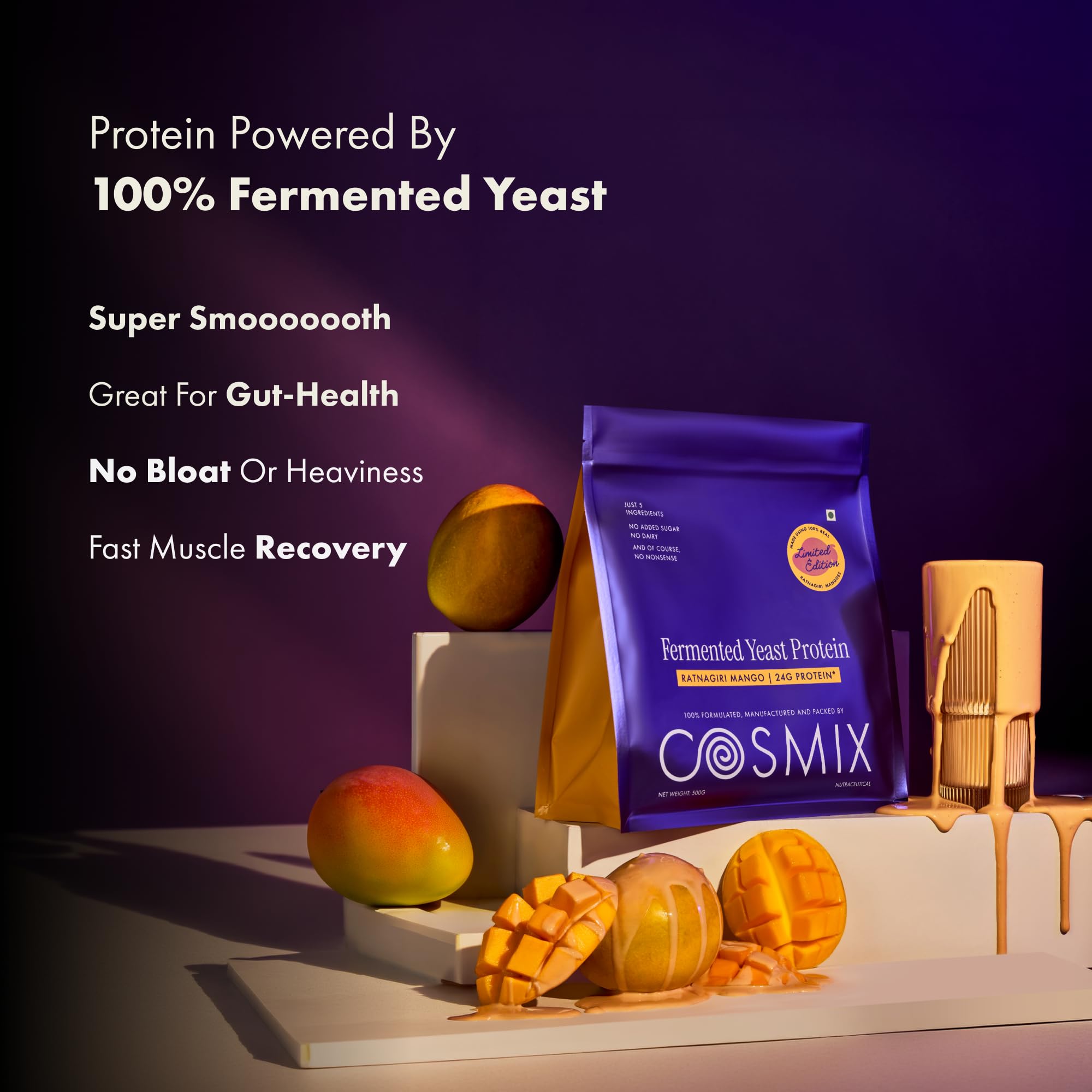 Cosmix Fermented Yeast Protein Powder | 24g Protein |Pure Single-Source Plant Protein| Made with Real Mango | High Absorption with PDCAAS of 1 | No Dairy | Made In-House | Smooth, Tasty & Gut-Friendly | Ratnagiri Mango, 38g Sachet — Amazon image 3