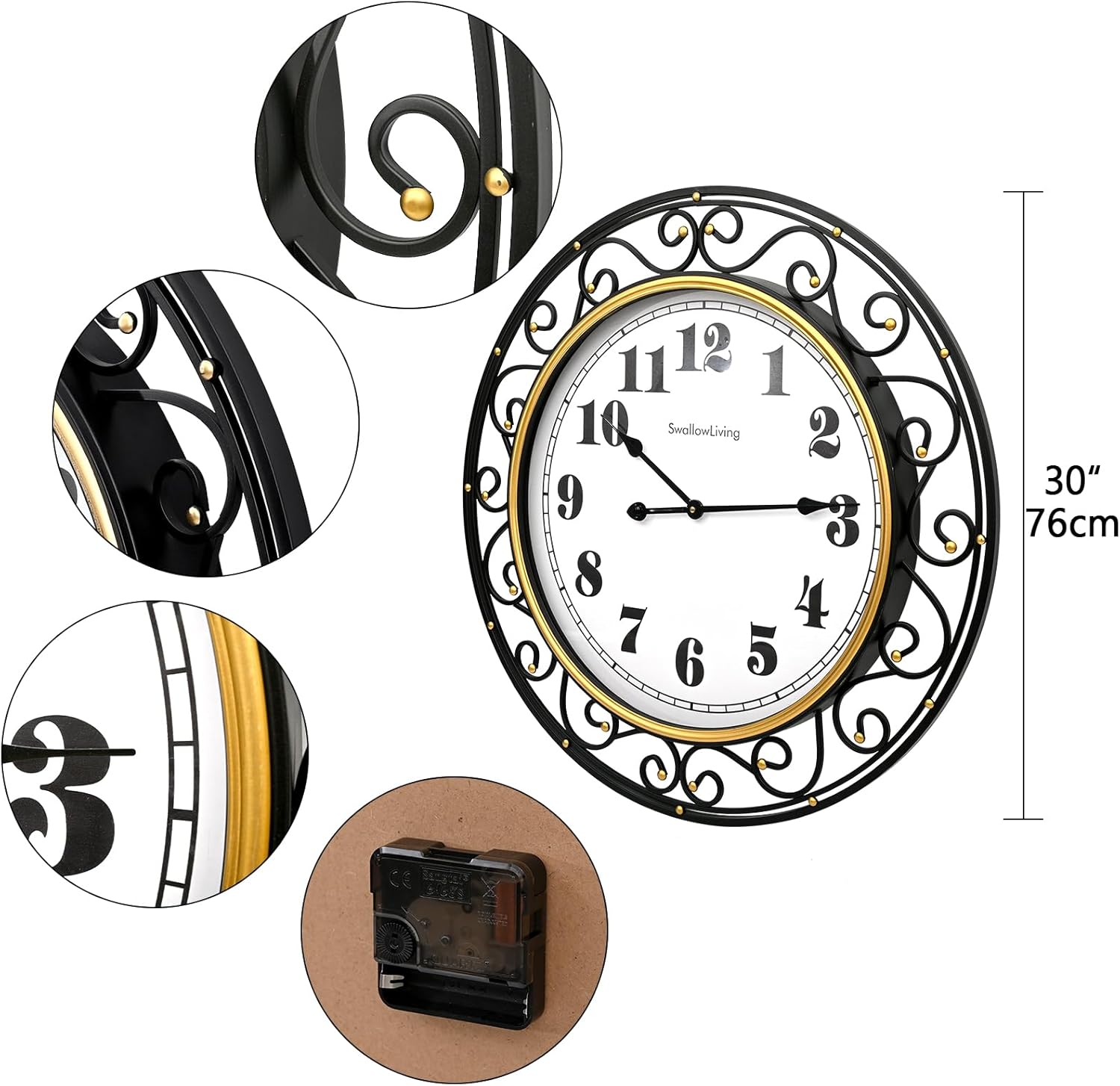 SwallowLiving 30 Inch Vintage Iron Large Black Metal Frame Wall Clock Silent, Battery Operated, Elegant Retro Decor for Living Room, Kitchen, Office, Dining Room, and Bedroom