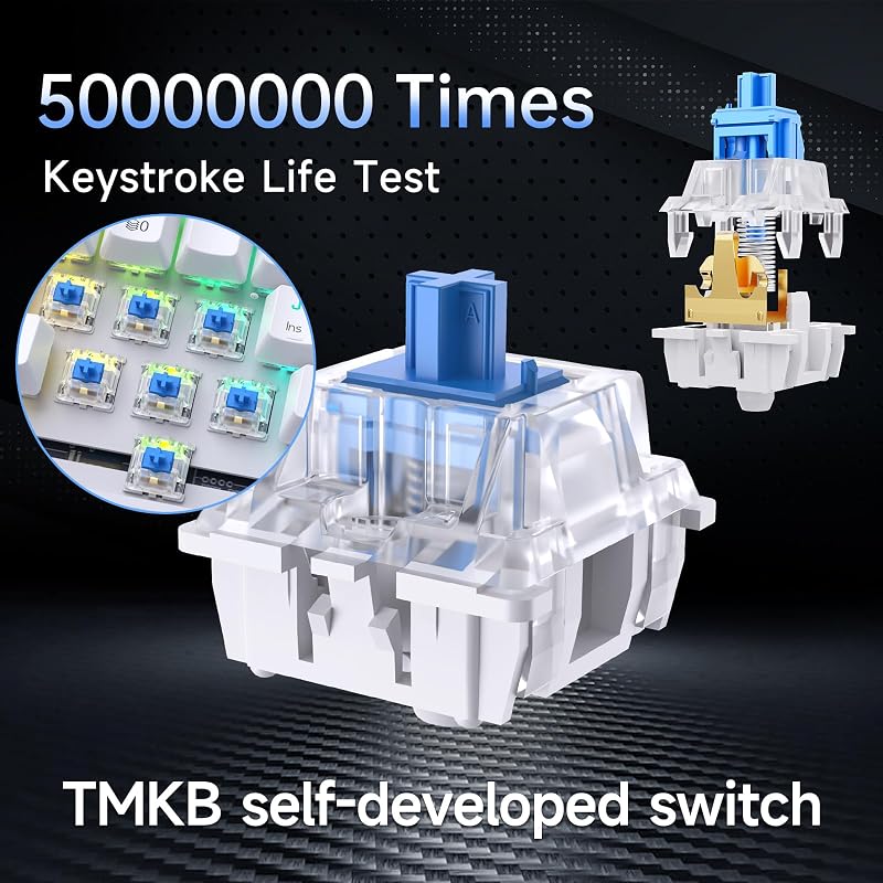 TMKB T63 Mechanikus Gamer Billentyűzet - Vezeték Nélküli, Kék Kapcsolókkal, Bluetooth, 2.4G, Fehér, Többmódú Csatlakozás