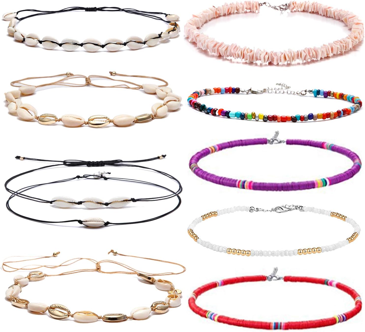 SOOWOOT 10Pcs Natural Shell Choker Necklaces for Women Girls Bohemian Single Pearl Shell Chips Choker Handmade Hawaii Beads Sea Beach Choker Necklace Jewelry Set