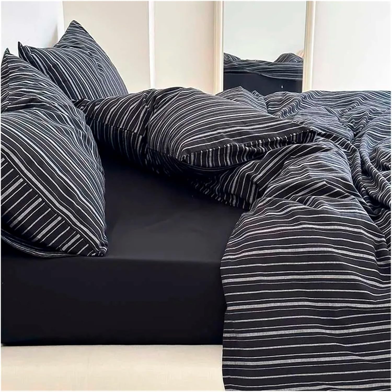 100% Cotton Duvet Cover Set Yarn Dyed Vertical Striped Bedding Comforter Cover Bed Sheet Pillowcases Washed Breathable Bedding,Bed