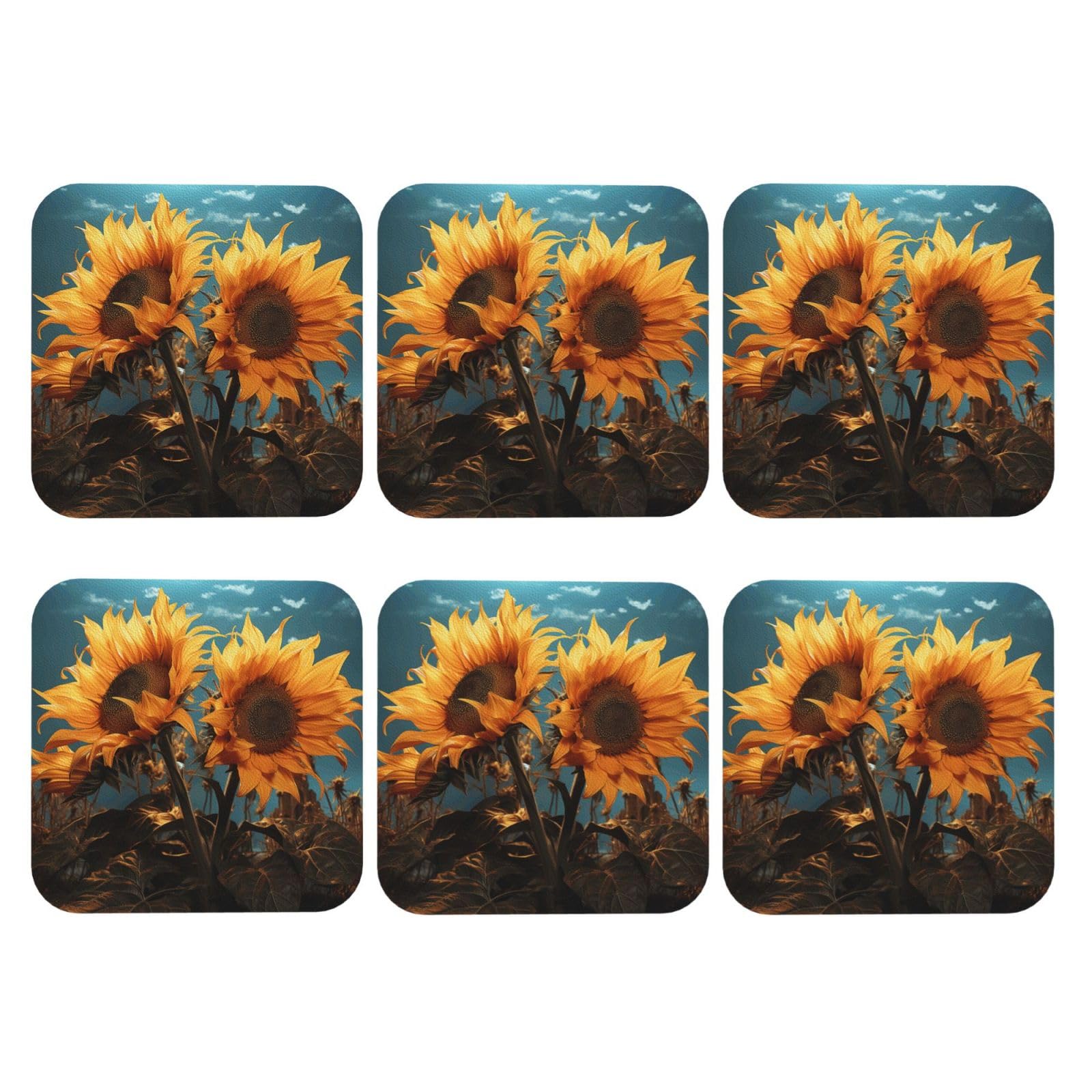 6pcs Leather Coasters for Drinks, Fantasy Sunflower Drink Coasters for Tabletop Protection, 4" Cup Coasters for Coffee Table Decor, Non-Slip Drinking Cup Mat for Hot Or Cold Drink