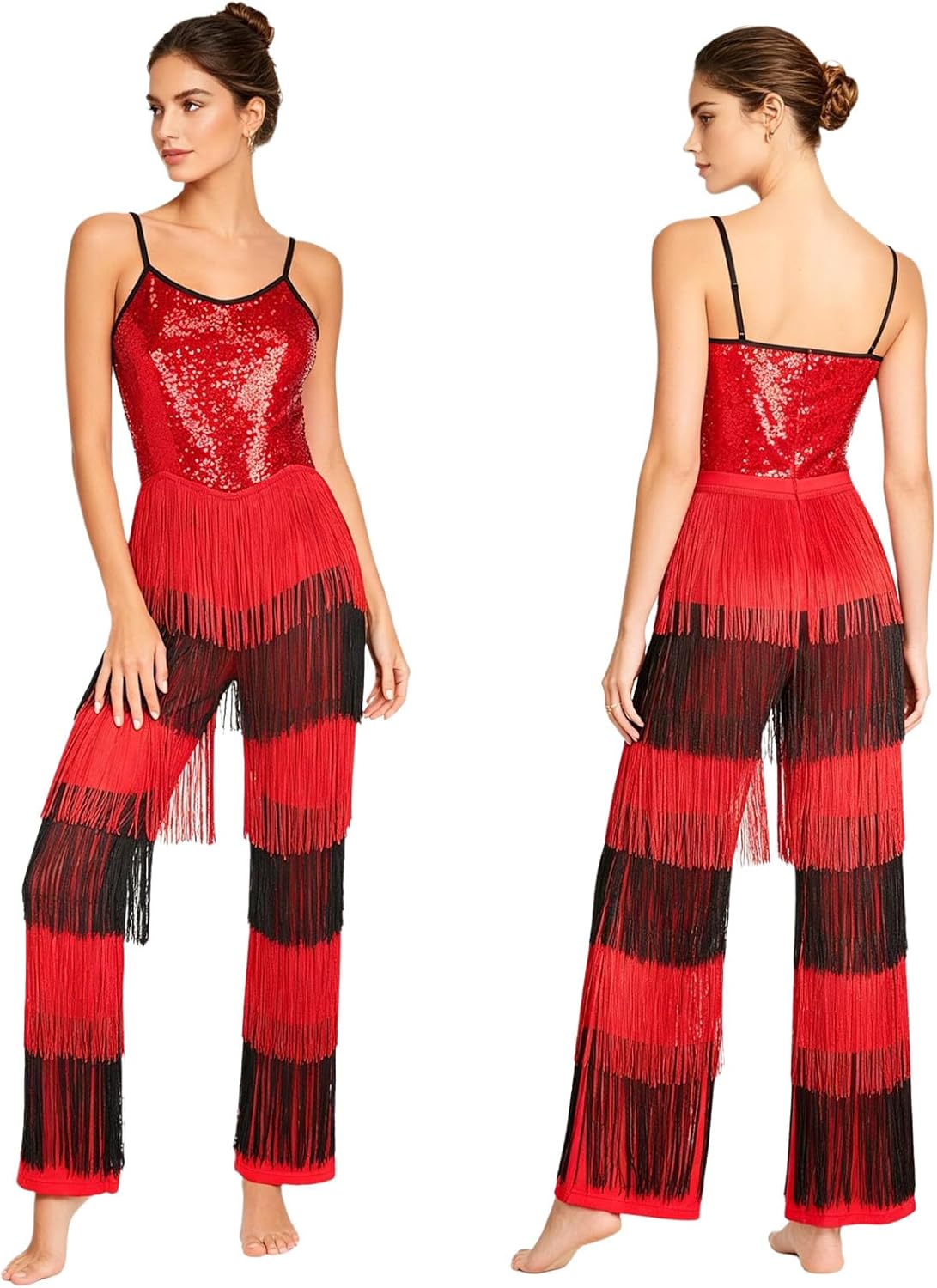 ranrann Women High Waist Dance Jumpsuit One Piece Unitard Retro 70s 80s Disco Wear Sleeveless Sequin Fringe Romper