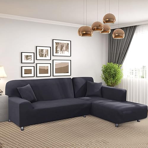 Miniatura 6 de Funda de sofá modular en forma de L, funda elástica y suave para sofá de 2 piezas, protector de muebles con 2 fundas de almohada (sofá de 3 plazas +