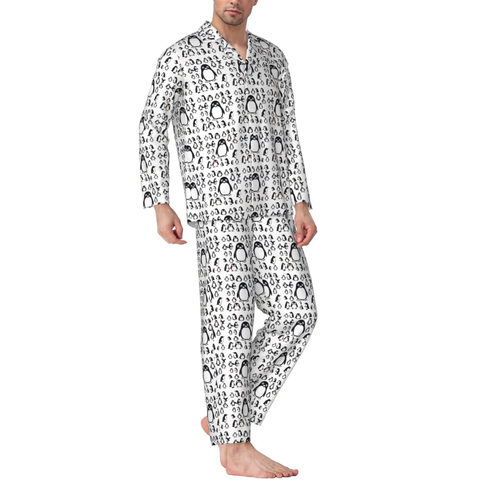 Langärmeliges Pyjama-Set für Herren, niedlicher Pinguin-Druck, zweiteilig, Hauskleidung, bequeme Nachtwäsche