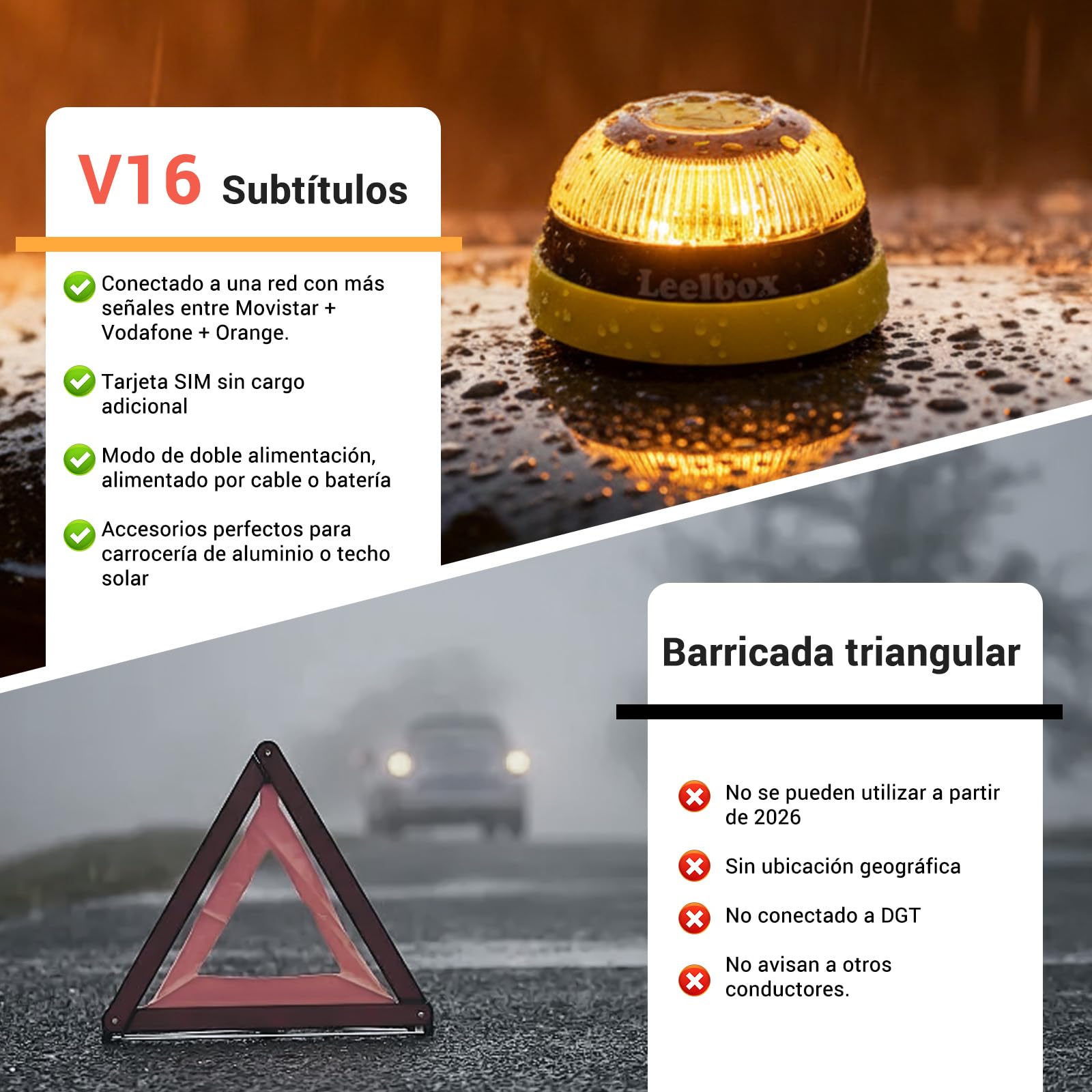 Baliza V16 Homologada DGT 3.0 con Geolocalización, Ventosa, Funda, Cable USB-C, Batería, Tarjeta SIM hasta 2038 - 2 PCS