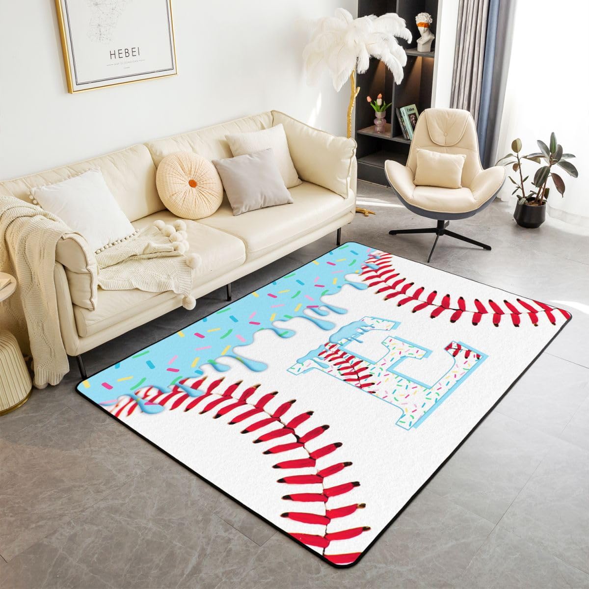 Homewish Dywaniki do lodów 100 x 150 cm do sypialni salonu - lody kapanie baseball nowoczesny modny baseball inicjał E duże dywany piłka sport nie gubi włosia dywan