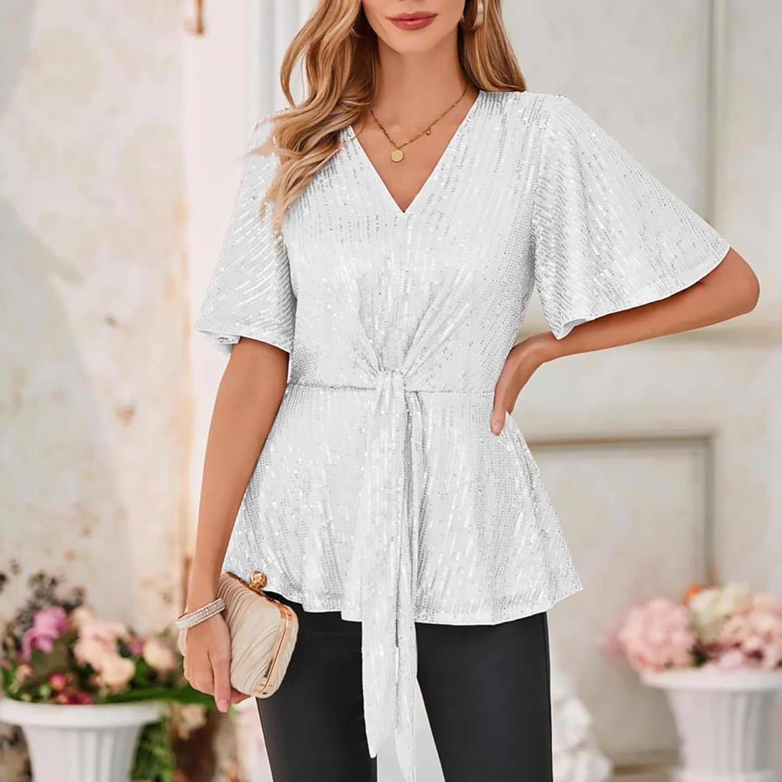Top a lentejuelas para mujer, camiseta de noche, camiseta de cuello en V, elegante, camiseta de manga volante, alta elegante, color liso, camiseta holgada, camiseta de baile carnaval, camiseta