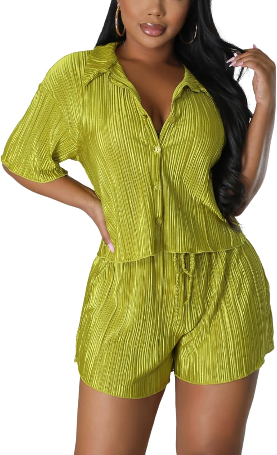 Women 2 Piece Pleated Set Short Sleeve Shorts Plisse Matching Colorful Outfits Summer Vacation Button Down Y2k Shirt