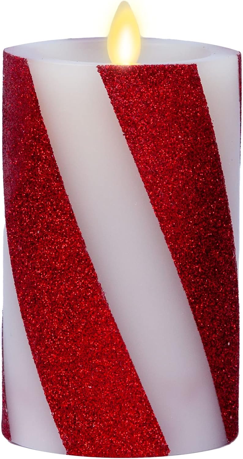 Luminara - Flameless Holiday LED Candle Battery Operated Moving Flame - Red Candy Cane - Pack of 1-5.5" - Unscented Indoor Realistic Flickering Safe