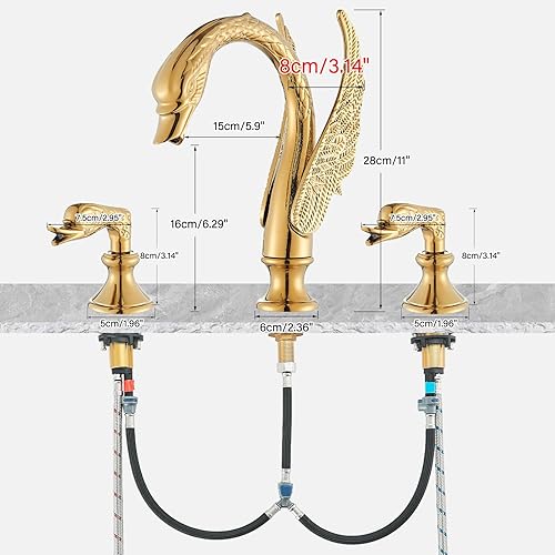 Miniatura 6 de Gold Swan - Grifo para lavabo de baño, 3 agujeros, grifo de baño, doble cisne, lavabo, mezclador, grifo mezclador de baño, grifo contemporáneo,
