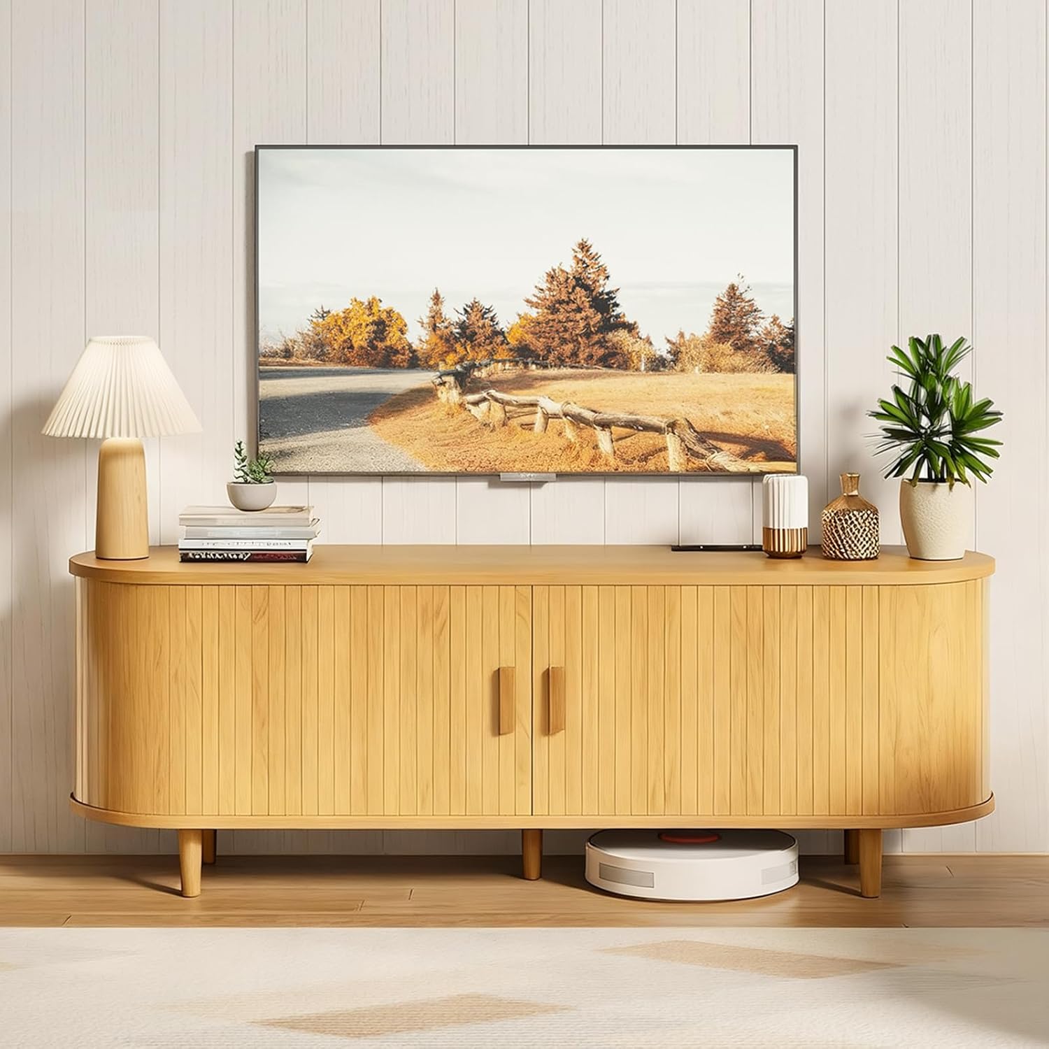 58" Mid Century Modern TV Stand, Wood TV Consoles with Sliding Doors and Power Outlet, Entertainment Center with Adjustable Shelves, Fluted TV Stands for Living Room, Oak