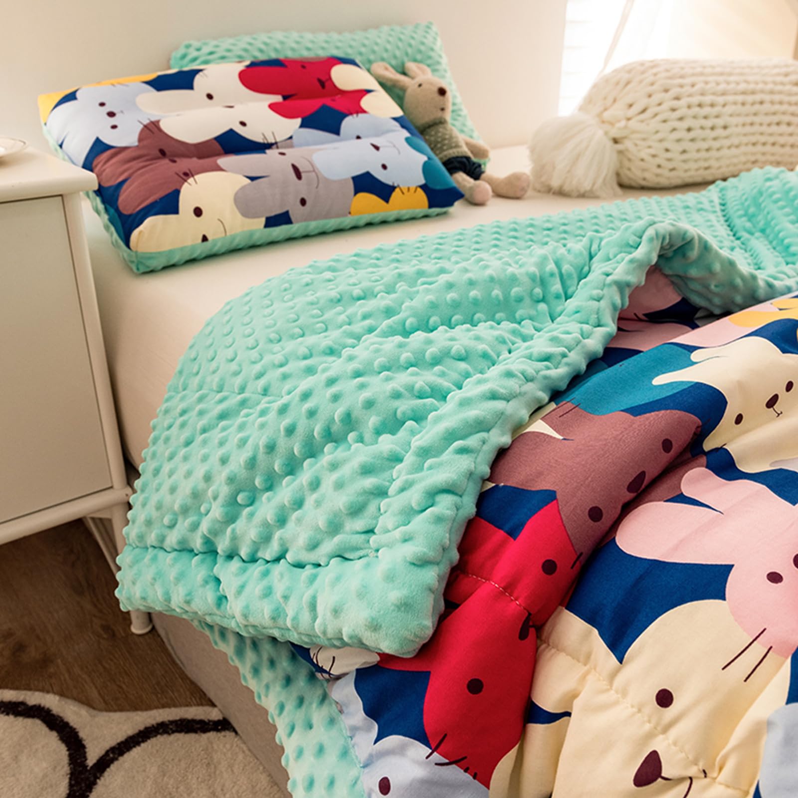 Kuscheldecke Wendedecke aus Minky, 3D-Noppen Decke, Dicke Wohndecke aus Baumwolle & Weichem Fleece, Atmungsaktive Flauschdecke Sofadecke Tagesdecke für Ganzjahres, Cartoon Bunt Hase, 120x150 cm