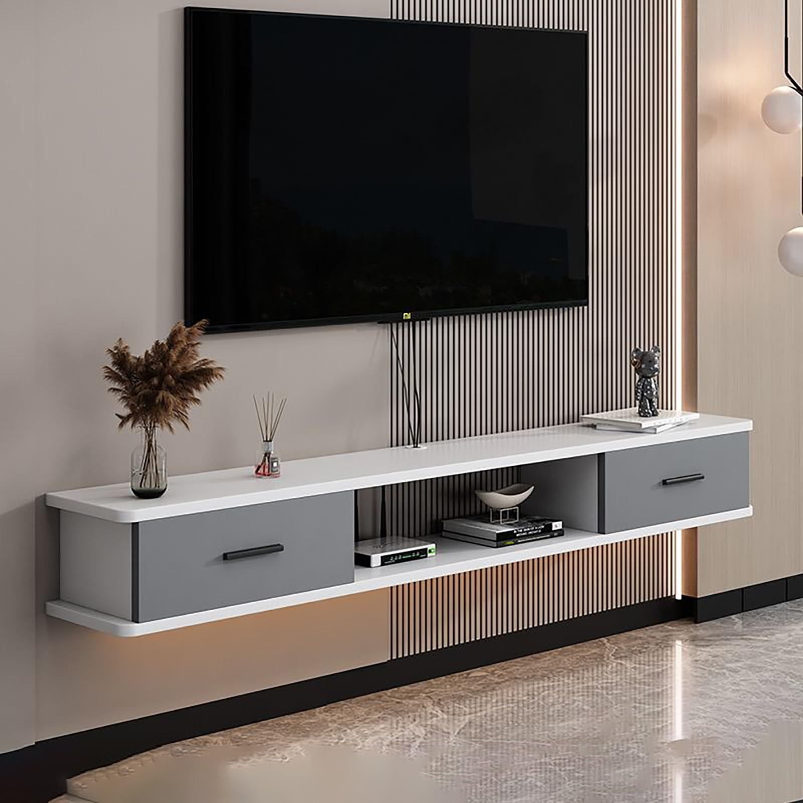 Mobile TV Sospeso, Console Multimediale A Parete, Mobile Porta TV In Legno Con Ante A Ribalta E Cassetti, Mobiletto TV Per Lettore DVD, Decoder, Console Per Videogiochi(Gray white,200x22x20cm)
