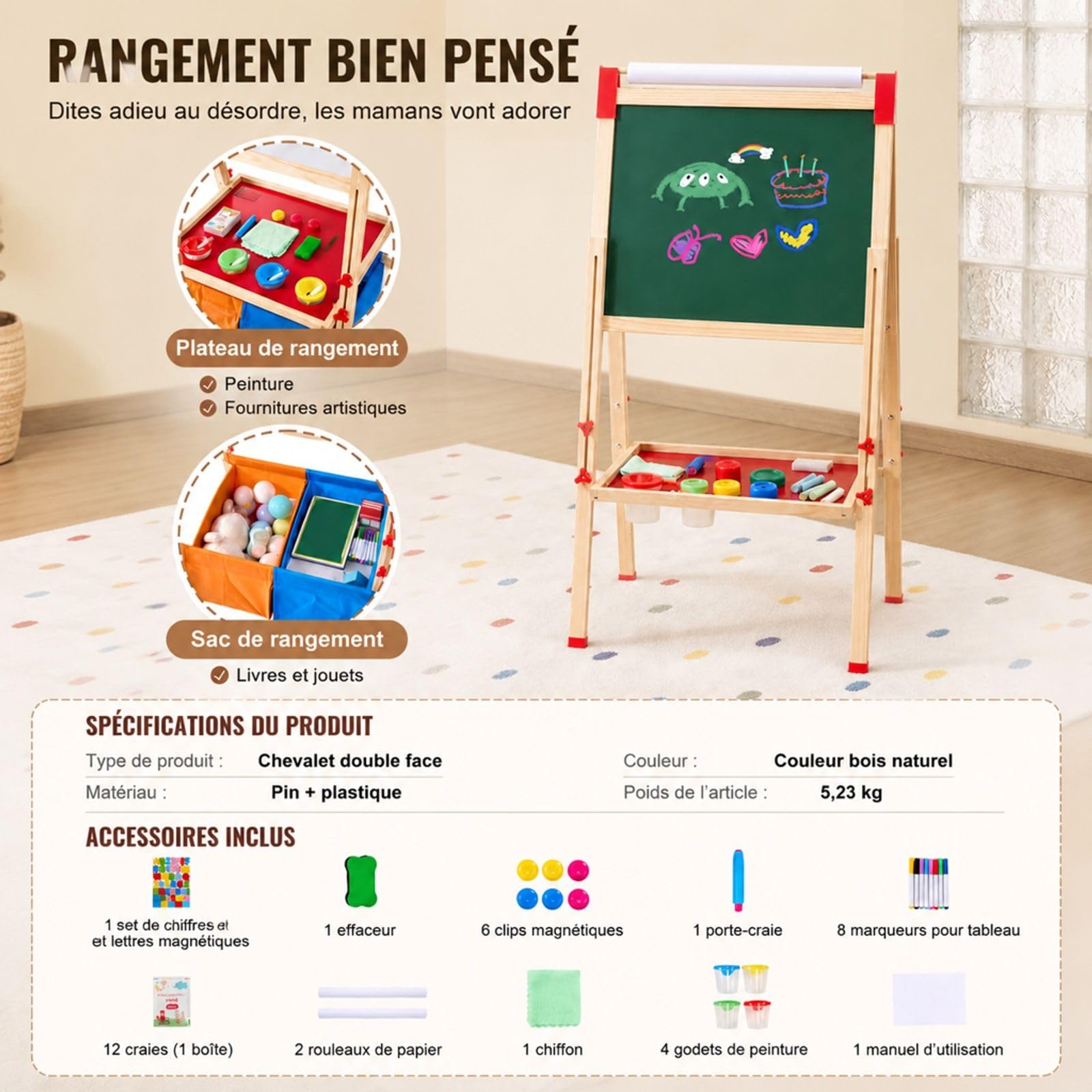 Chevalet d'art en bois double face avec tableau blanc magnétique et tableau noir, hauteur réglable, pour dessin et écriture