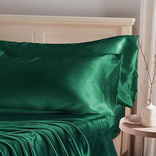 Manyshofu Dark Green Satin Pillowcase for Hair Protection- 2Pcs Body Pillow Cases, Silky & Long Pillowcases 20x48 Pillow Covers with Envelope Closure