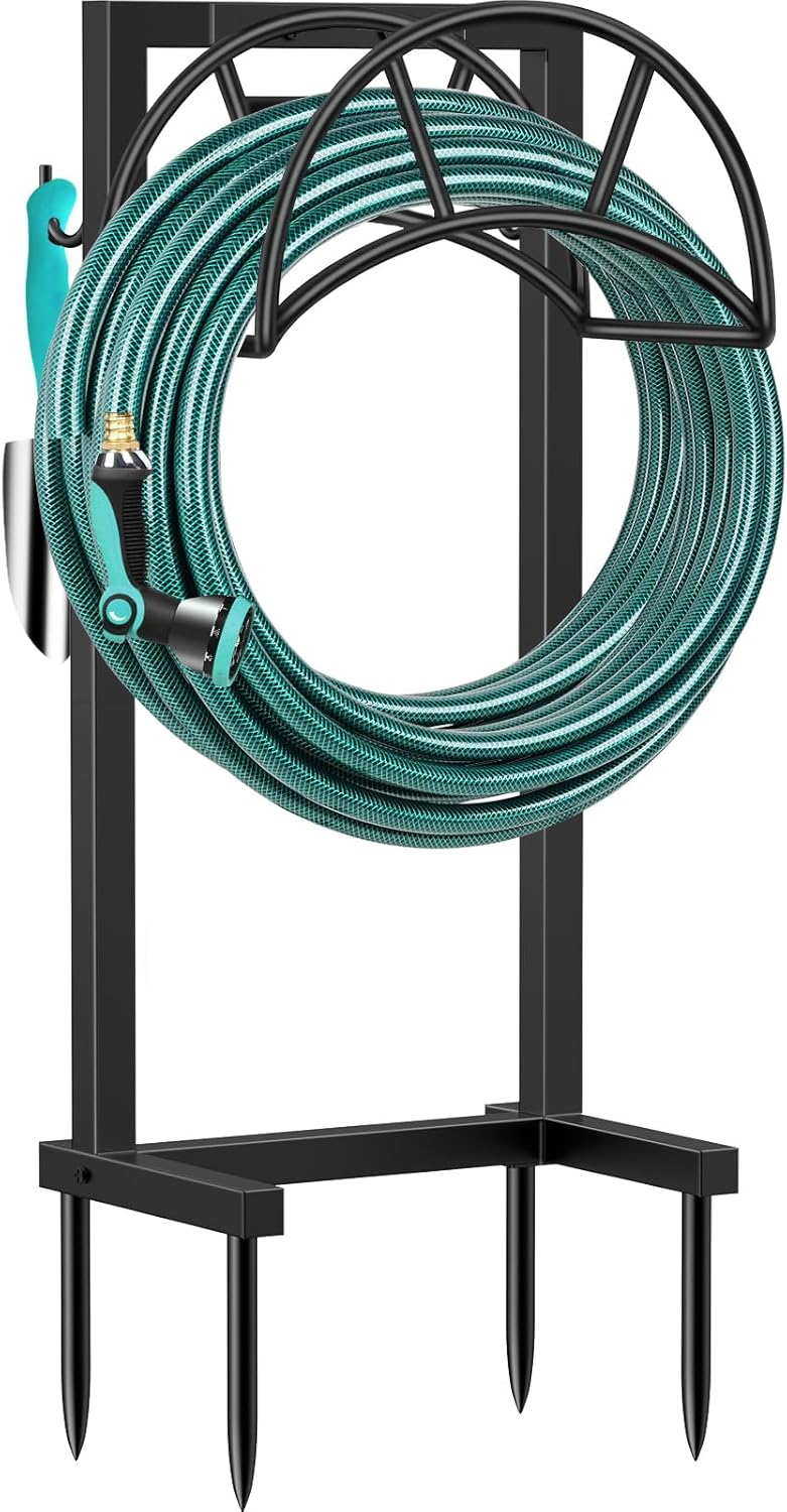 TomCare Upgraded 4-Spike Garden Hose Holder with Tool Hooks - Holds 160ft Hoses, Heavy Duty Metal Stand for Yard Lawn Organization, Black