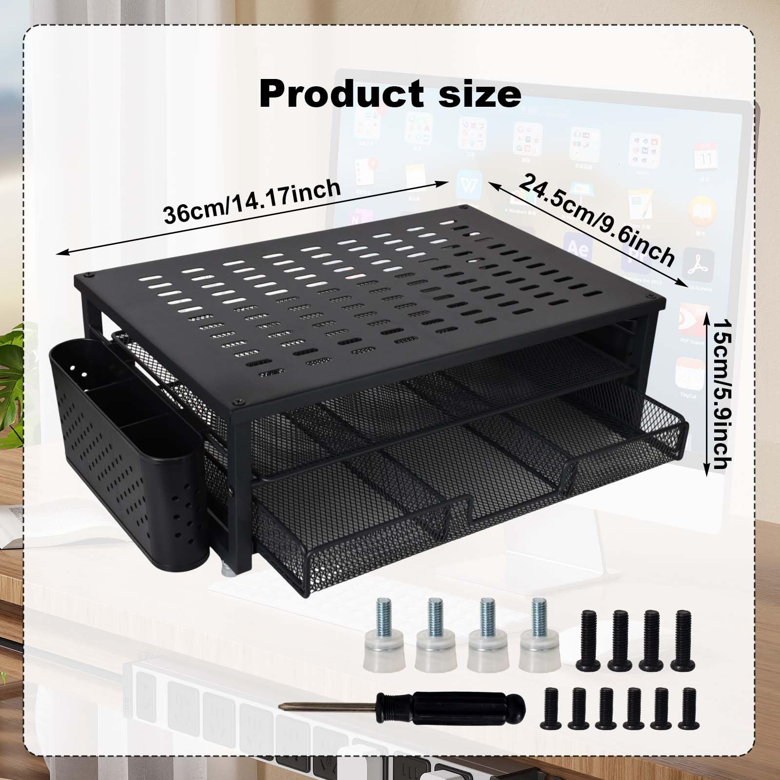 Podnośnik ekranu z szufladą i 2 uchwytami na długopisy – ergonomiczny organizer na biurko do monitorów i laptopów, stojak na akcesoria biurowe i system przechowywania do biura domowego