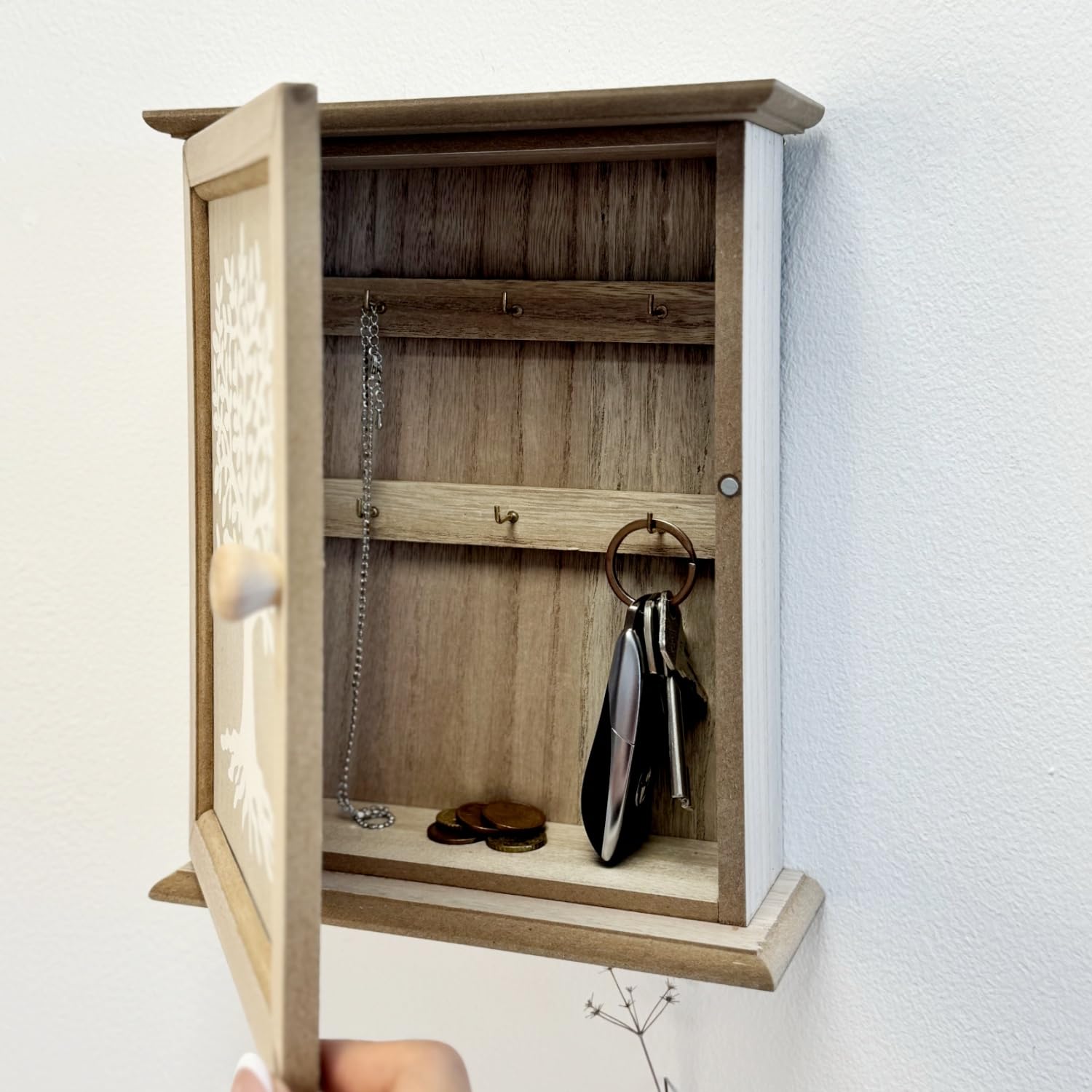 Caja Guardallaves de Madera Decorada Estilo Nórdico con 6 Colgadores de Pared -Arbol de la Vida