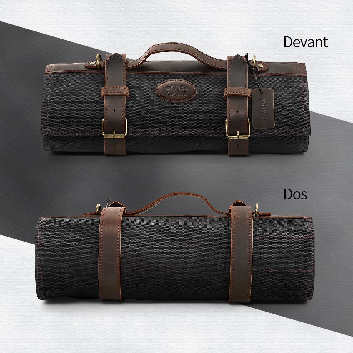 XINZUO Couteau de Chef Roll Sac Noir,12 Emplacements,Toile Cirée Imperméable 16oz et Cuir,Rouleau de Couteaux de Voyage pour Chef, Sac de Rangement Portable pour Couteaux de Cuisine (Pas de Couteau)