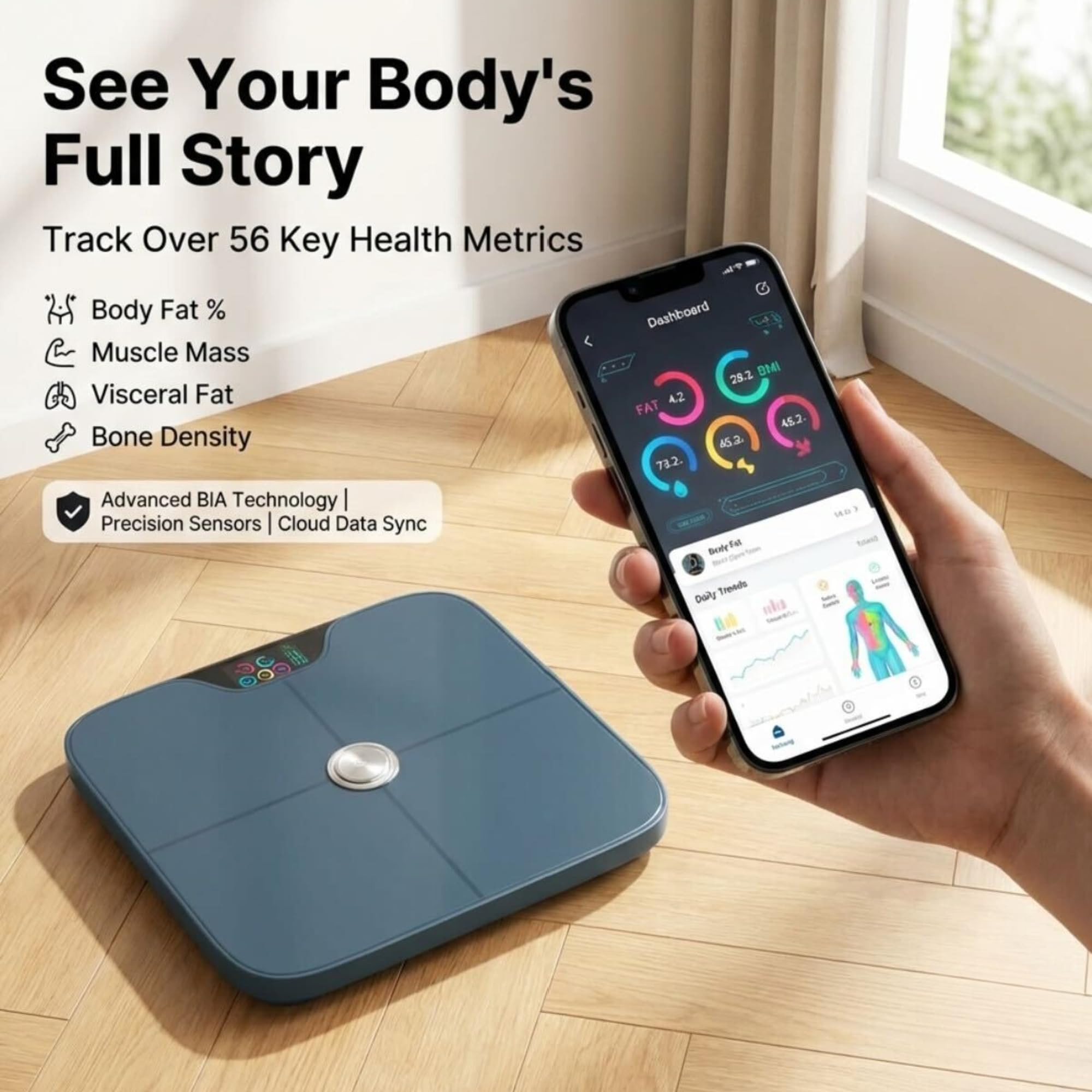 Premium Smart Digital Bilancia del peso corporeo – 8 elettrodi – 56 + metriche – Ricaricabile – WiFi & Bluetooth – Analisi completa del corpo – Traccia grasso corporeo, massa muscolare, percentuale di