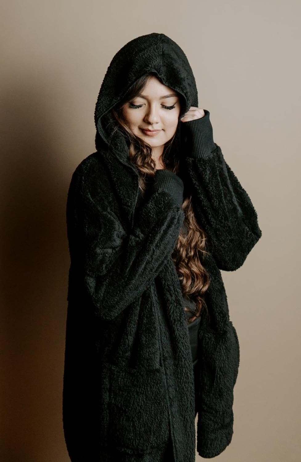 CHICGAL Womens Fuzzy Jacket Hooded Cardigan Open Front Sherpa Coat Outwear with Pockets - Image 3