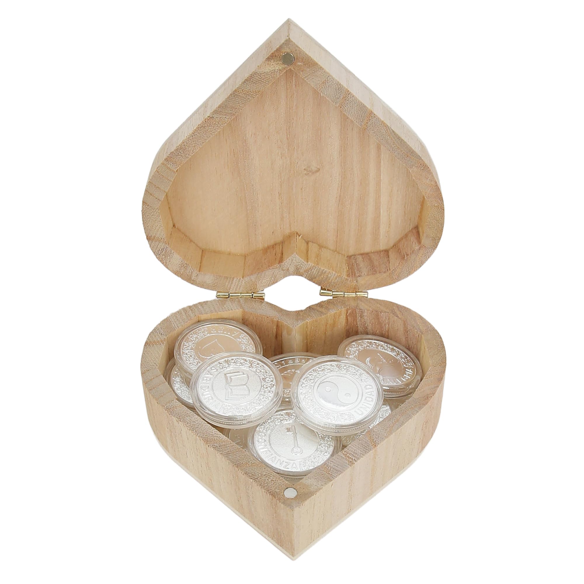 TINGKU Arras de Boda Catolica Set de monedas de boda - 13 monedas de unidad de plata para la ceremonia de boda católica, elegantes Recuerdos Para Boda con caja de madera en forma de corazón
