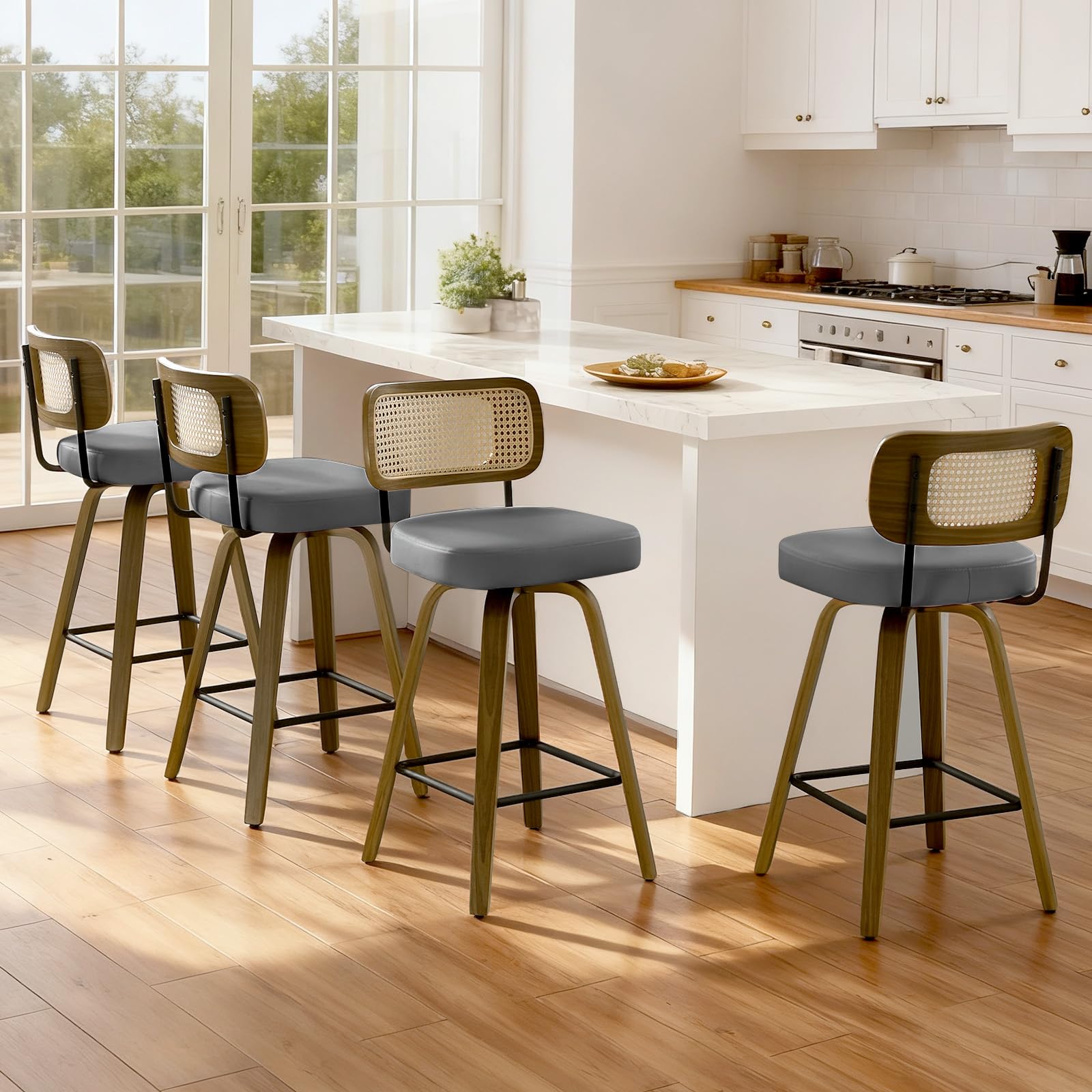Bekrvio Barhocker 2er Set 74 cm Sitzhöhe, Barhocker Rattan mit Lehne, 360° drehbar, extra Dicker Sitz (7,1 cm), Barstuhl Holz mit 4 Beinen, für hohe Kücheninsel & Theke (101–109 cm) Grau