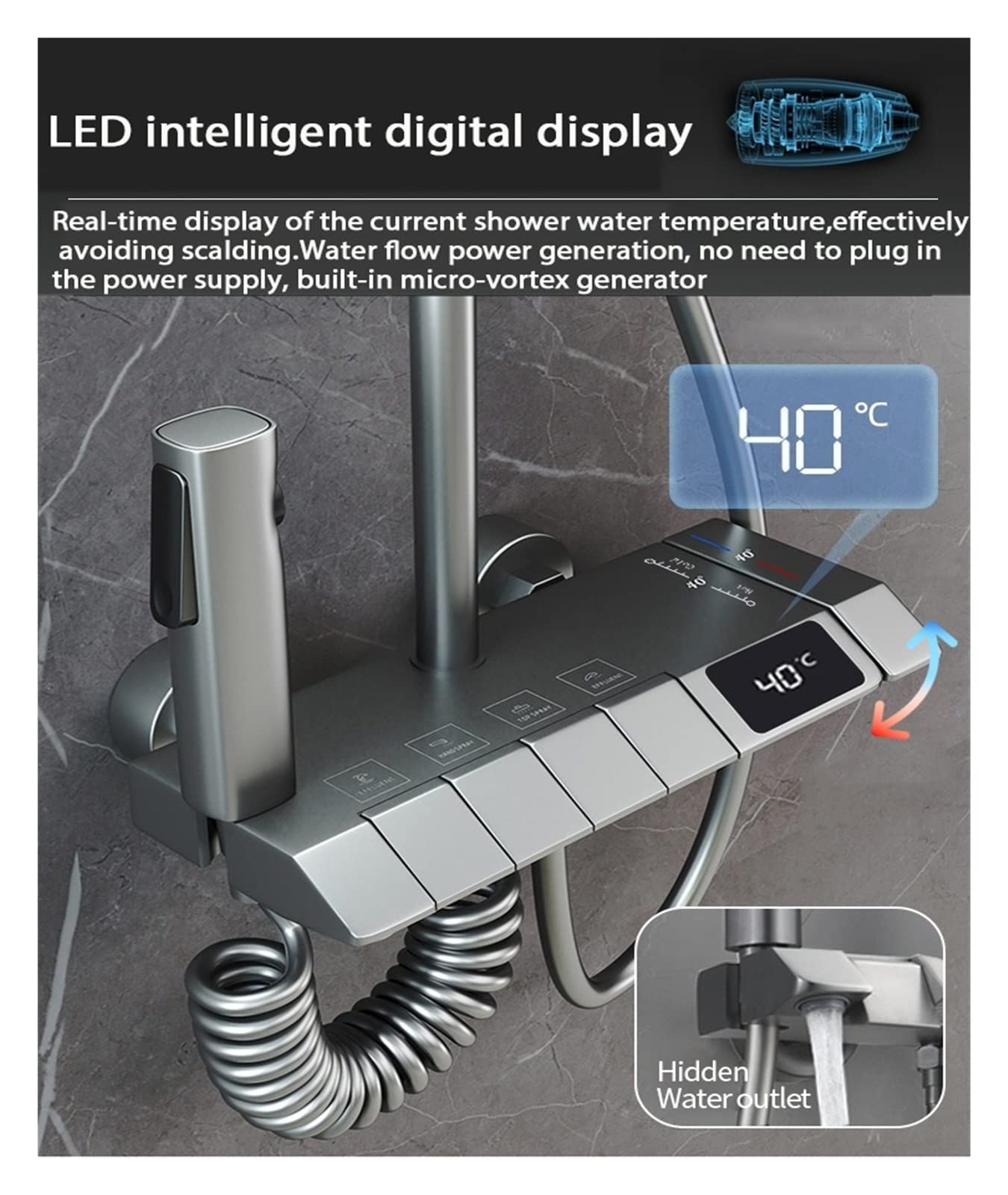 Set Doccia Digitale for Pianoforte Grigio Rubinetti da Bagno in Ottone Intelligenti Rubinetto a Cascata Calda e Fredda Doccia Grigio a Pioggia(White Square)