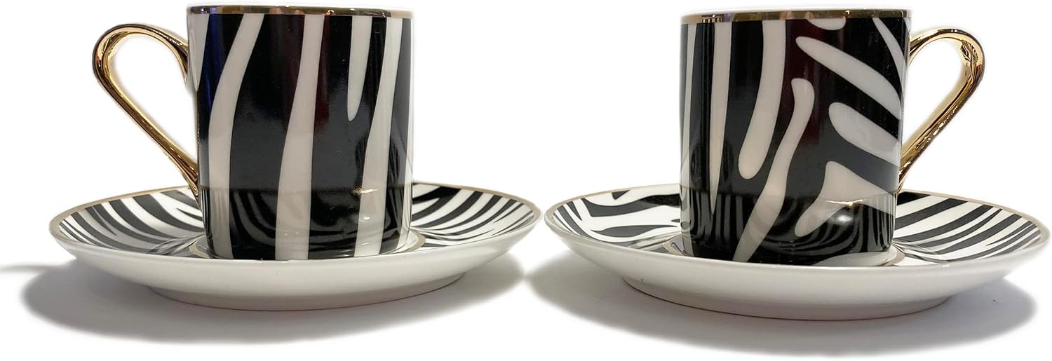 Mazeology Espresso Cups Zebra Bone China 2 Sets Cups and Saucers Black and White with Gold Accents