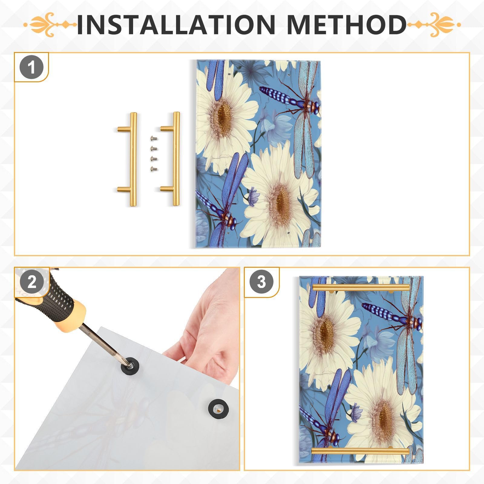 Wassud Bathroom Vanity Tray with Handles Dragonflies and Daisies Acrylic Jewelry Perfume Organizer for Bathroom Kitchen Counter 11.81