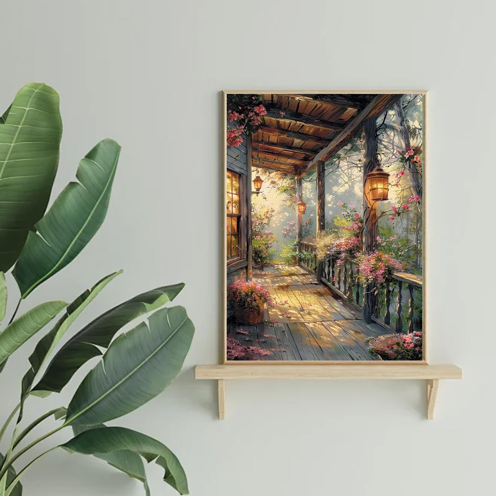 Kits de arte de pintura de diamantes cuadrados, pintura de diamantes cuadrados, arte de diamantes cuadrados, porche de jardín con luces, kits de arte de gemas de flores para adultos y manualidades