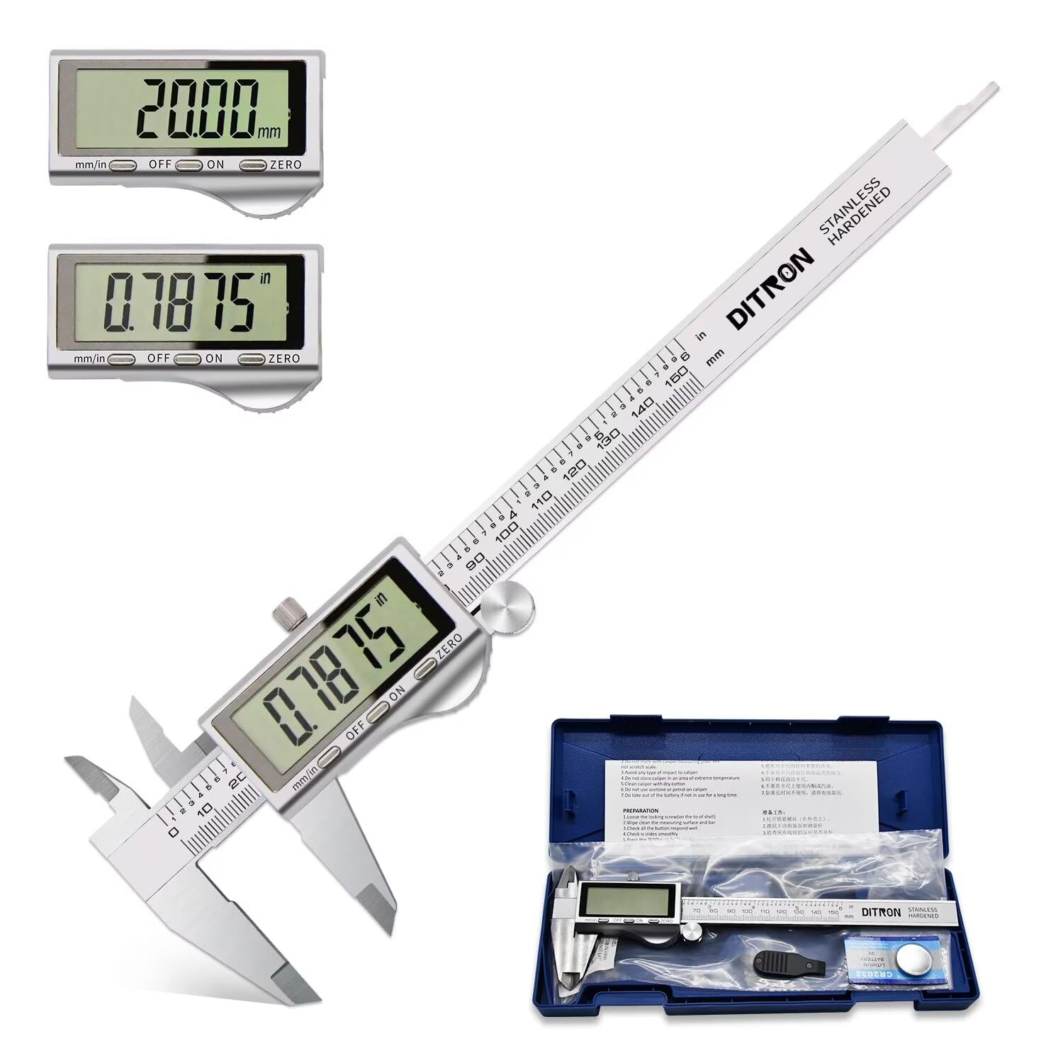 DITRON Digital Caliper, Vernier Calipers Measuring Tool, Stainless Steel Electronic Digital Calipers with Large LCD Screen, 6 inch/ 150mm, Auto - Off, Inch/mm Conversion