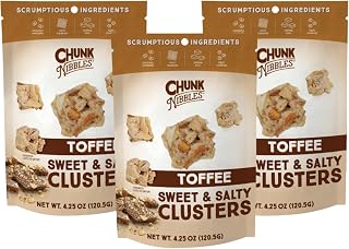 Chunk Nibbles Toffee Snack Clusters - Buttery Milk Chocolate Toffee with Pretzels & Corn Squares - Award-Winning Gourmet Treat, Small Batch, Handcrafted - 4.25oz Resealable Pouch (3 Pack)
