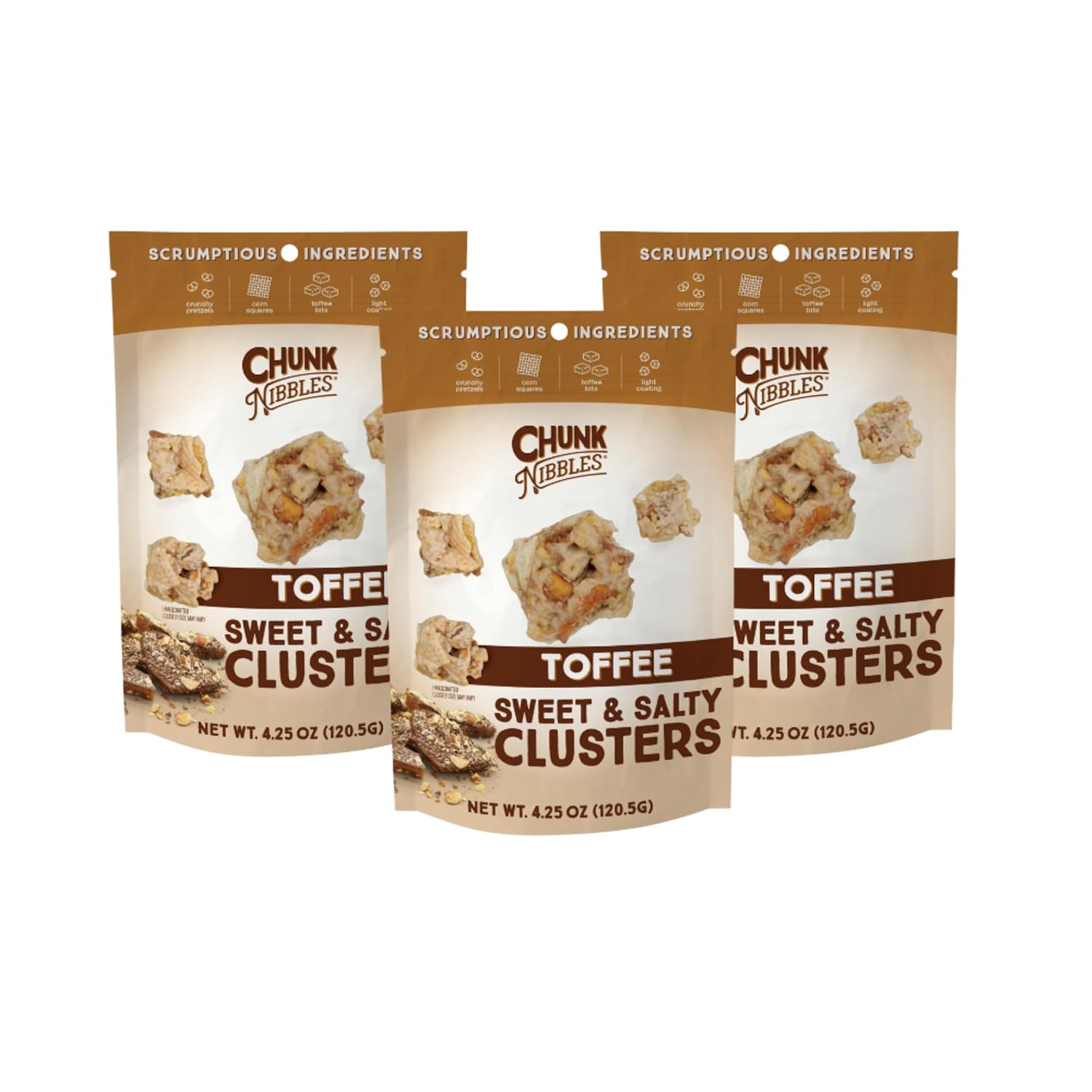 Chunk Nibbles Toffee Snack Clusters - Buttery Milk Chocolate Toffee with Pretzels & Corn Squares - Award-Winning Gourmet Treat, Small Batch, Handcrafted - 4.25oz Resealable Pouch (3 Pack)