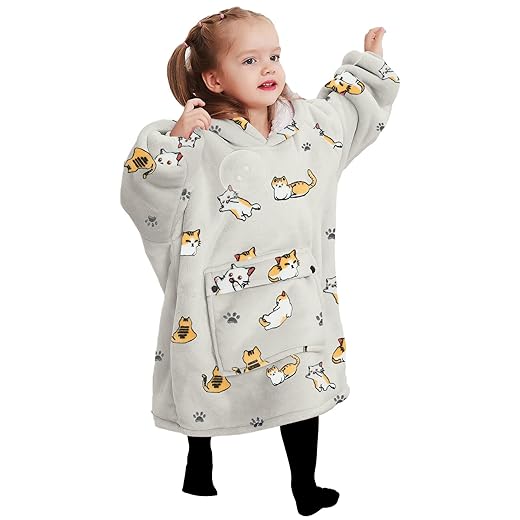 KFUBUO Wearable Blanket Hoodie for Kids Toddlers Sherpa Blanket Sweatshirt With Pocket Cute Hoodies 2-6 Year Old Girl Birthday Gifts Cat